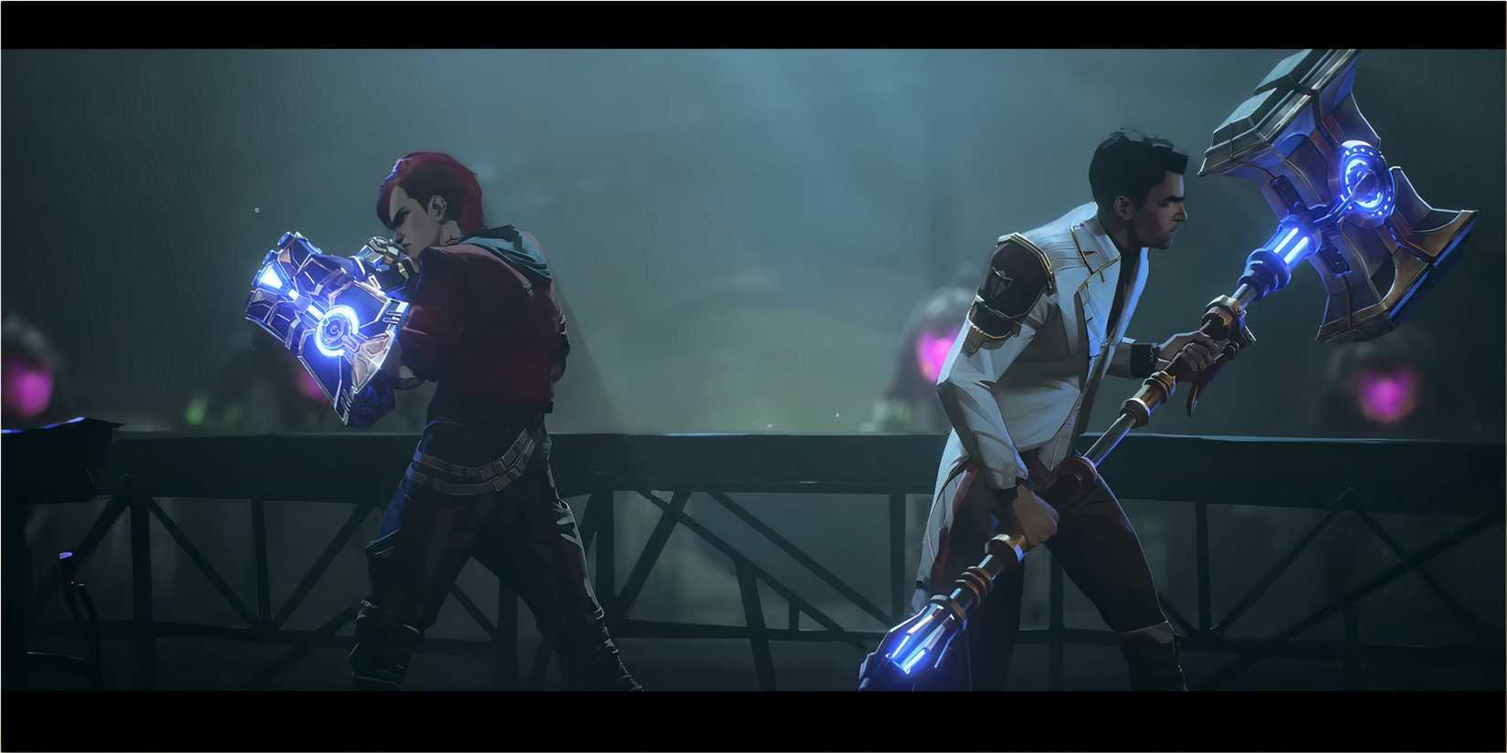 Jayce and Vi prepare for battle with Hextech weapons in hand.