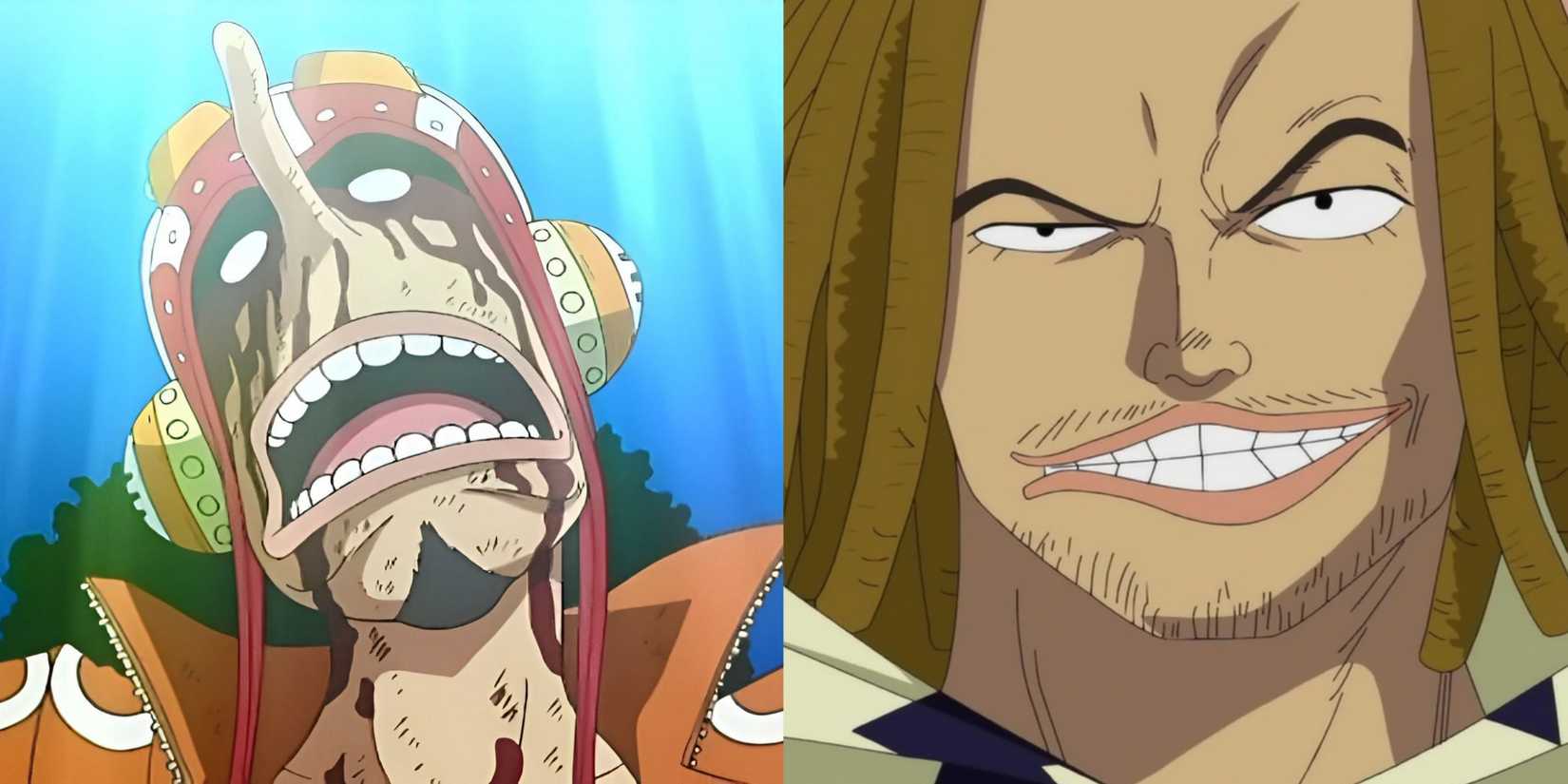 Usopp coated in blood, held up as God Usopp; Yasopp giving a smirk
