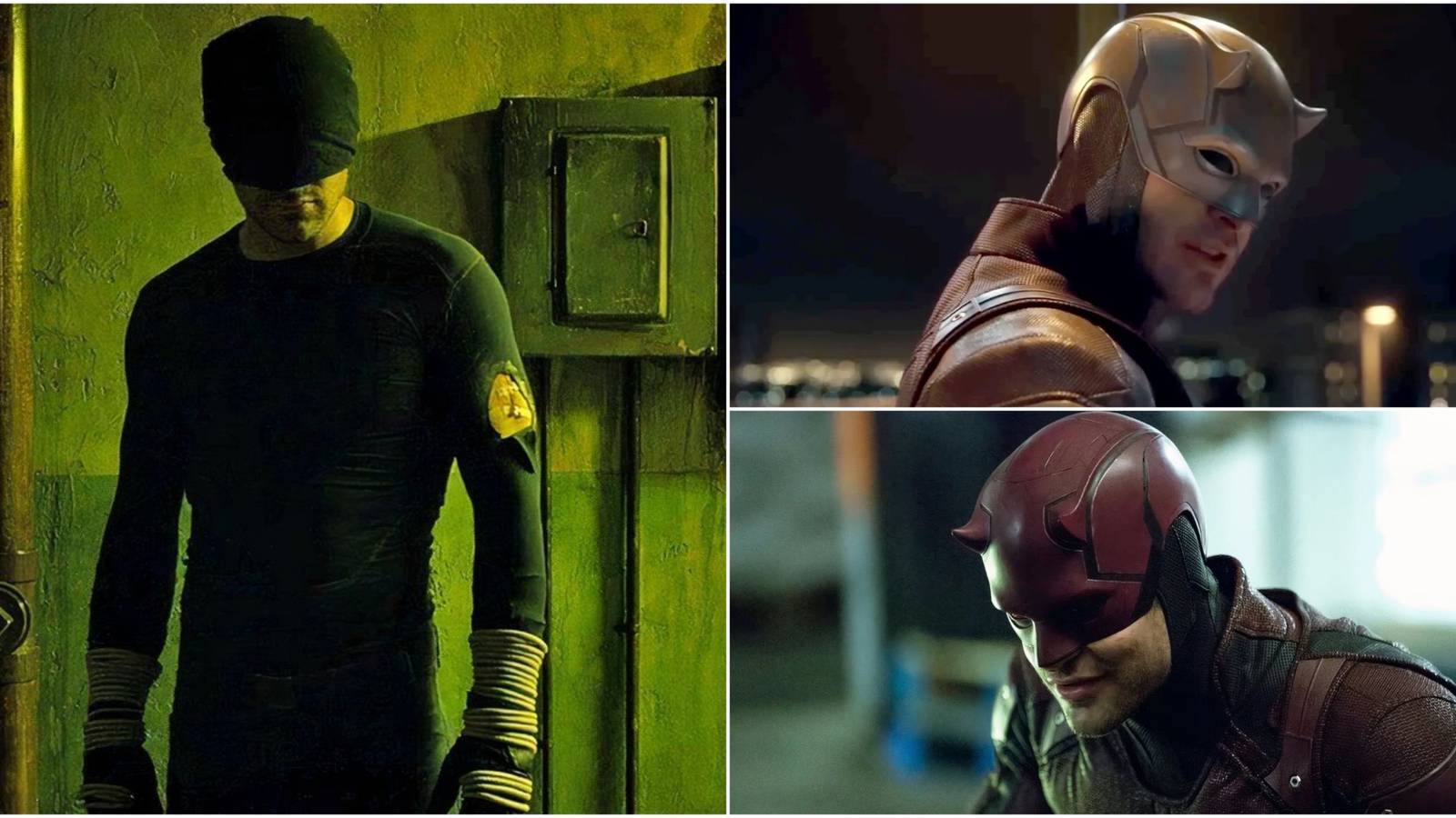 A collage image featuring Daredevil's Black Suit, Red and Yellow Suit, and Netflix Season 2 Suit