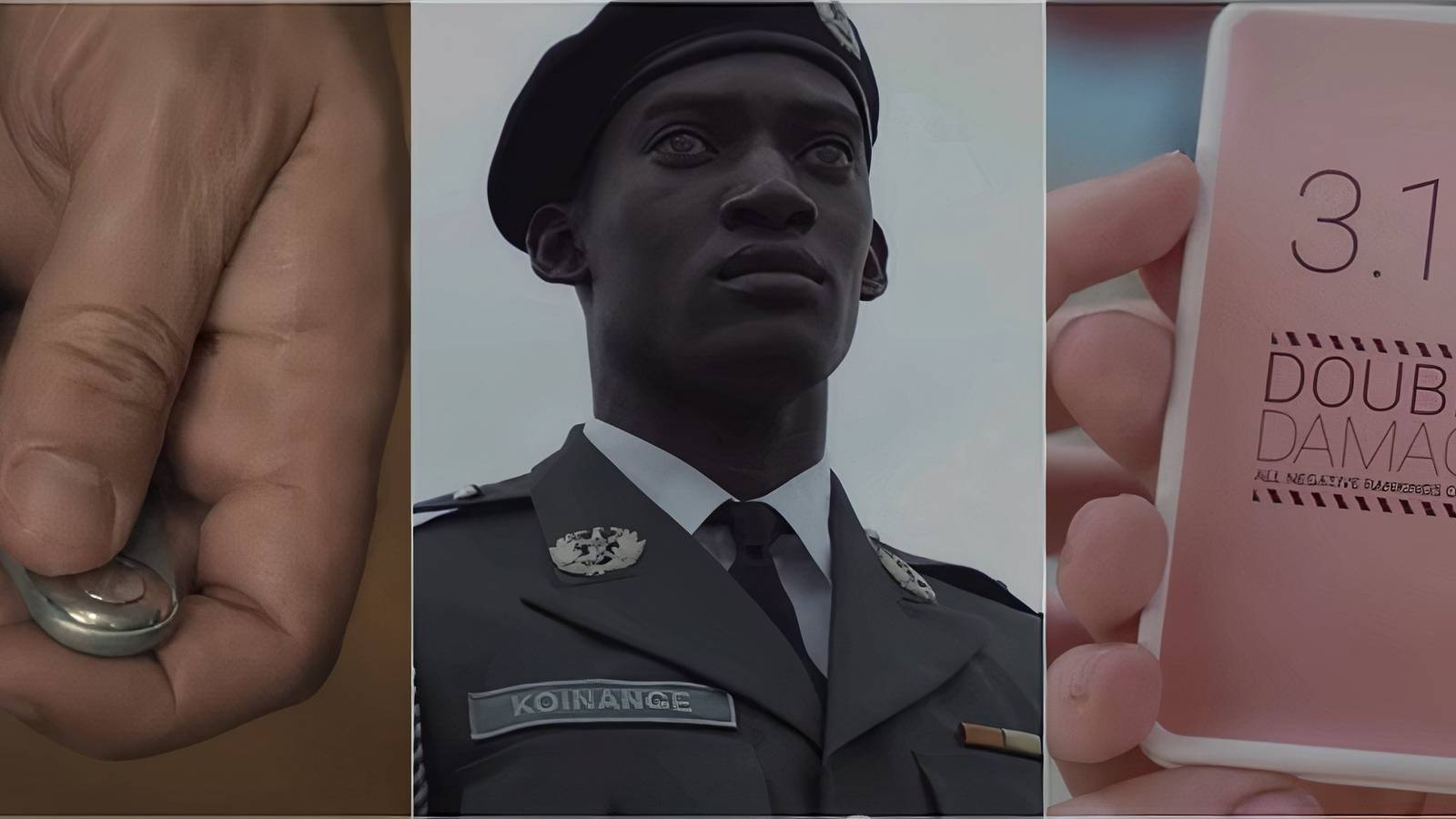 A hand pressing a small button, a soldier standing in uniform, and a phone screen showing a 3.1 rating