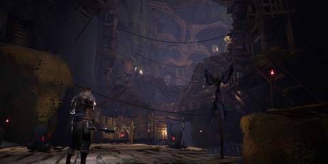 Ashen steam screenshot, player looking up at settlement