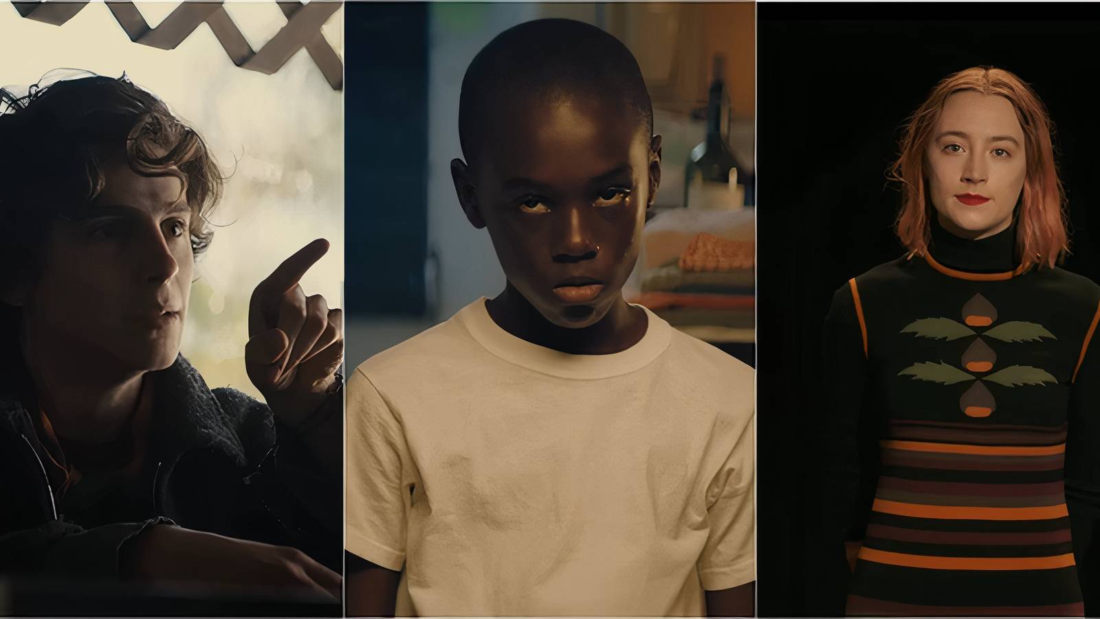 Timothée Chalamet, Alex Hibbert, and Saoirse Ronan in coming-of-age movie roles.