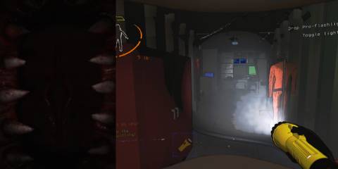 Mimic mod screenshot & and lethal company screenshot of player holding flashlight