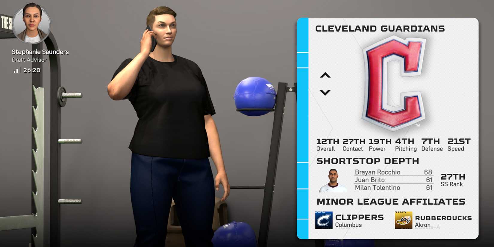 MLB The Show 25 screenshot of a shortstop picking the Cleveland Guardians in RTTS