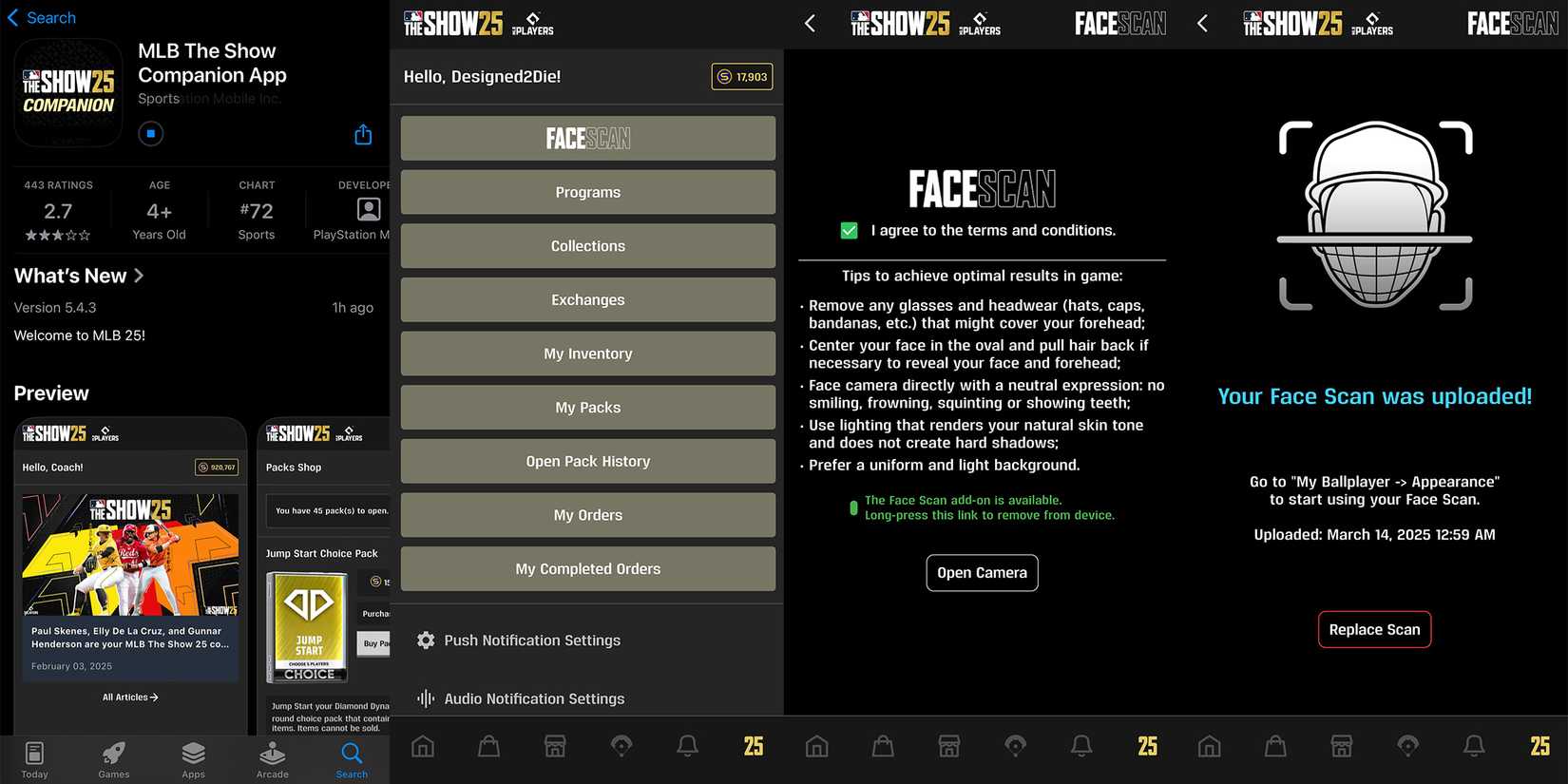 MLB The Show Companion App screenshots for MLB The Show 25 Face Scan