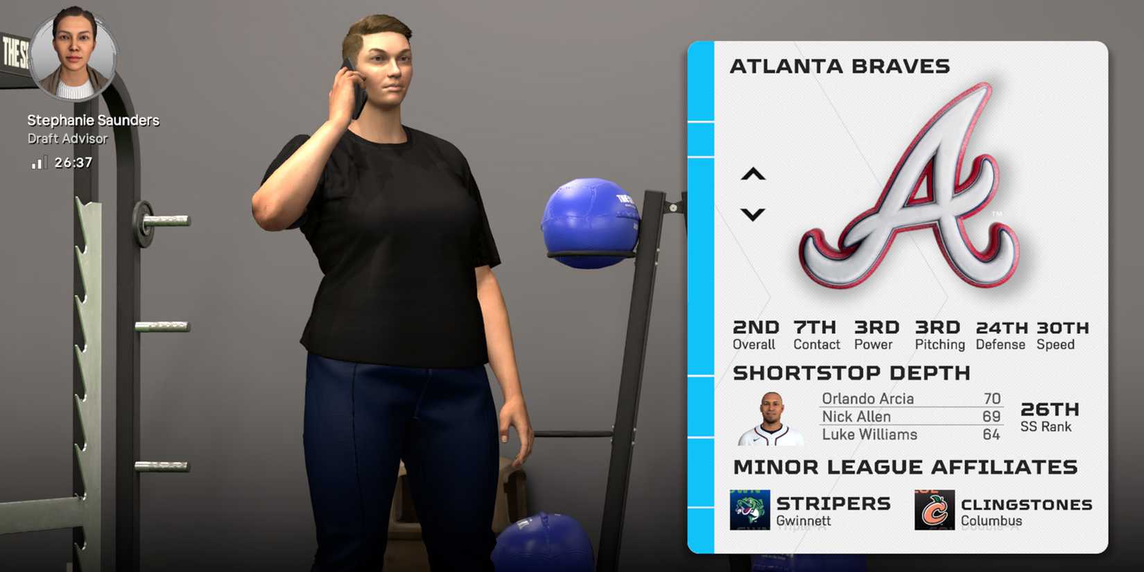 MLB The Show 25 screenshot of a shortstop picking the Atlanta Braves in Road to the Show