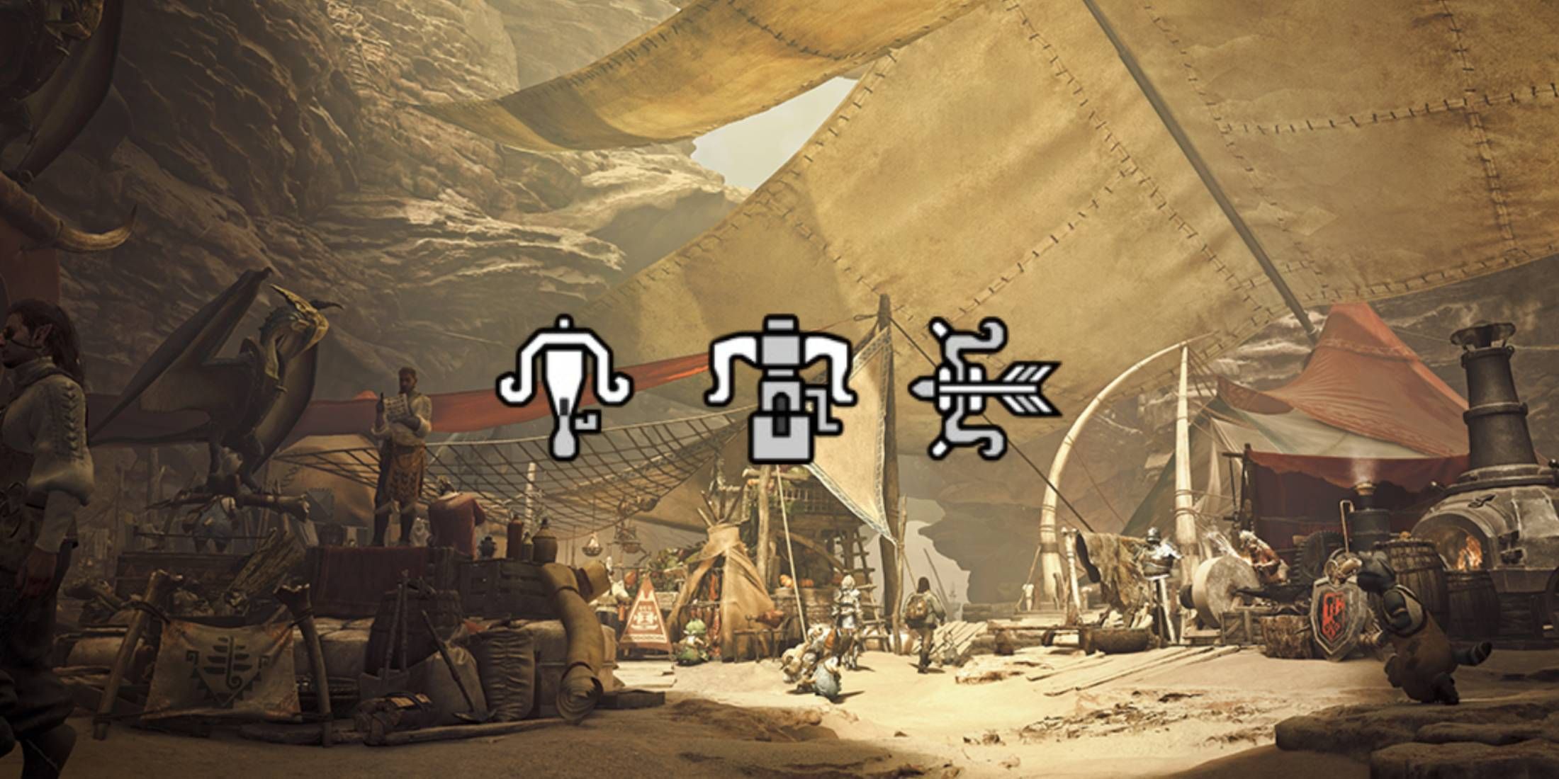 Symbols for Light Bowgun, Heavy Bowgun, and Bow over Base Camp from Monster Hunter Wilds