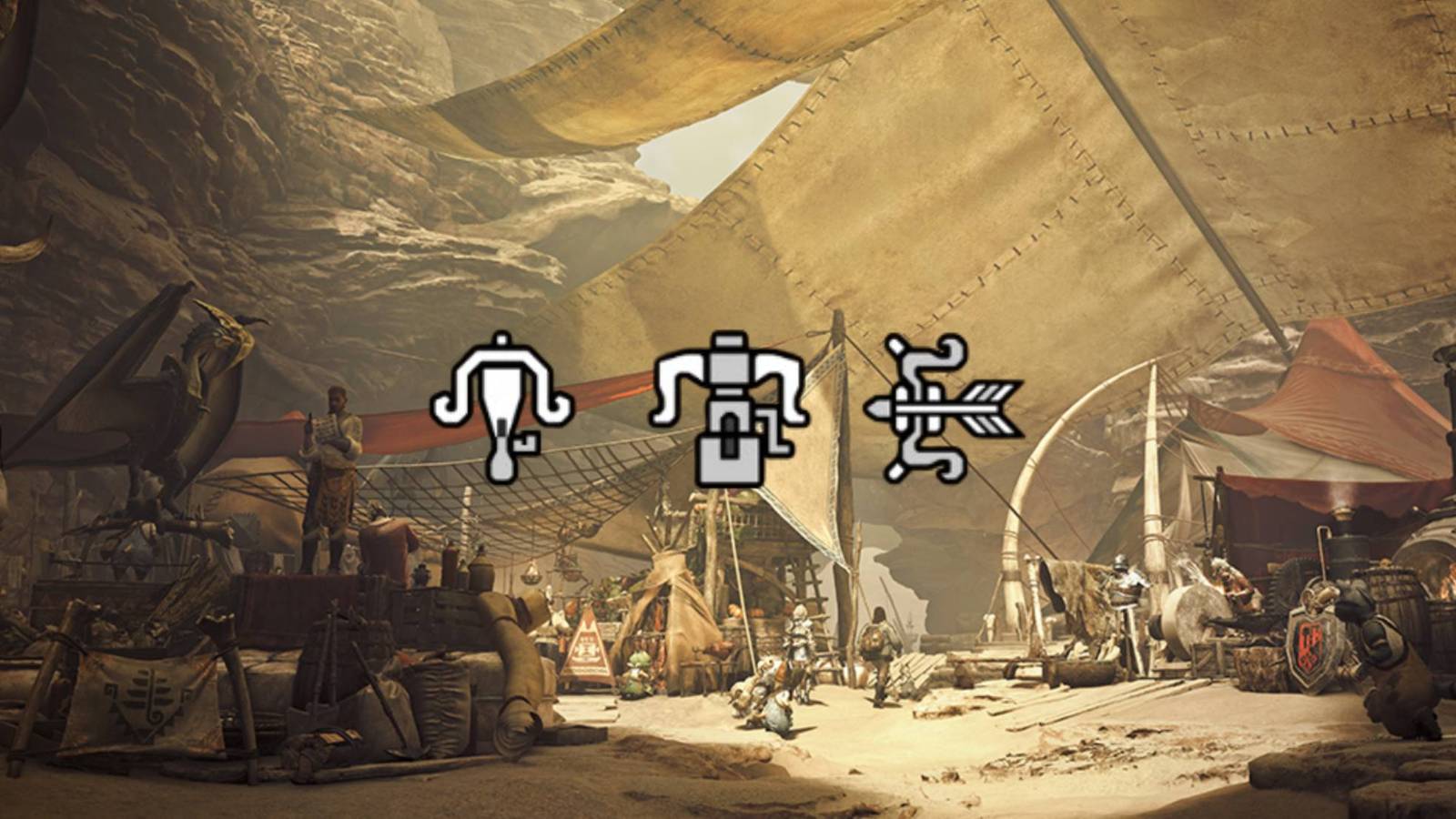 Symbols for Light Bowgun, Heavy Bowgun, and Bow over Base Camp from Monster Hunter Wilds
