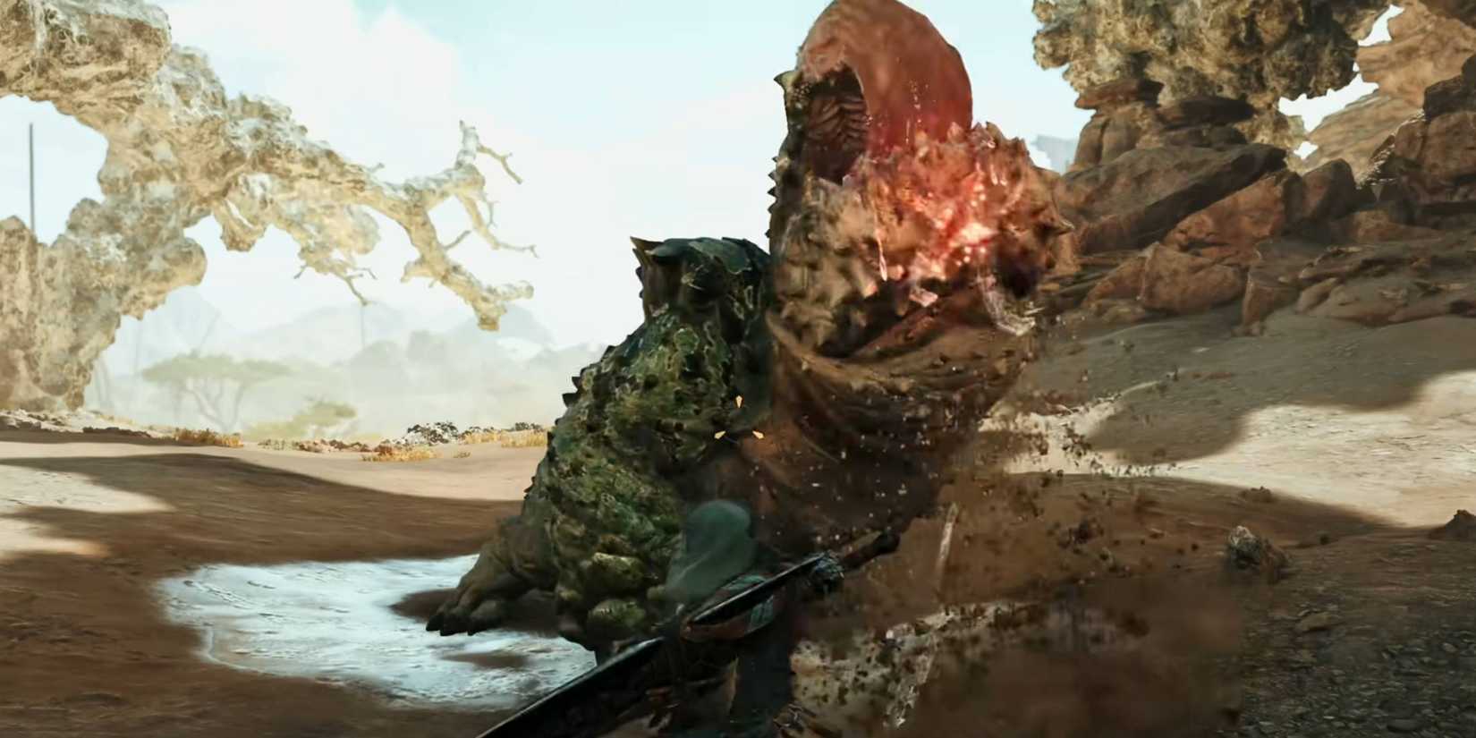 A hunter fighting a Chatacabra with a wound in Monster Hunter Wilds