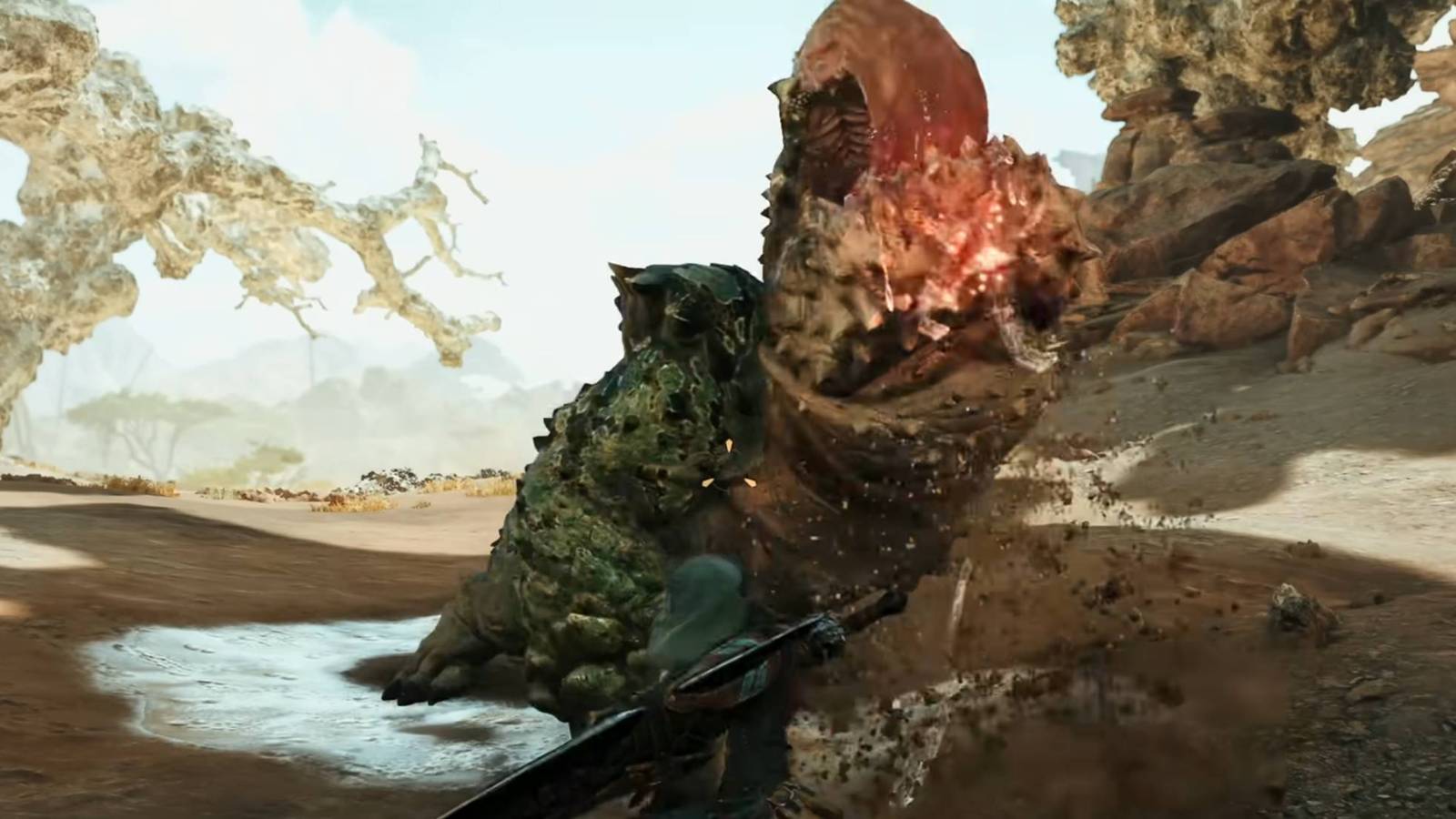 A hunter fighting a Chatacabra with a wound in Monster Hunter Wilds