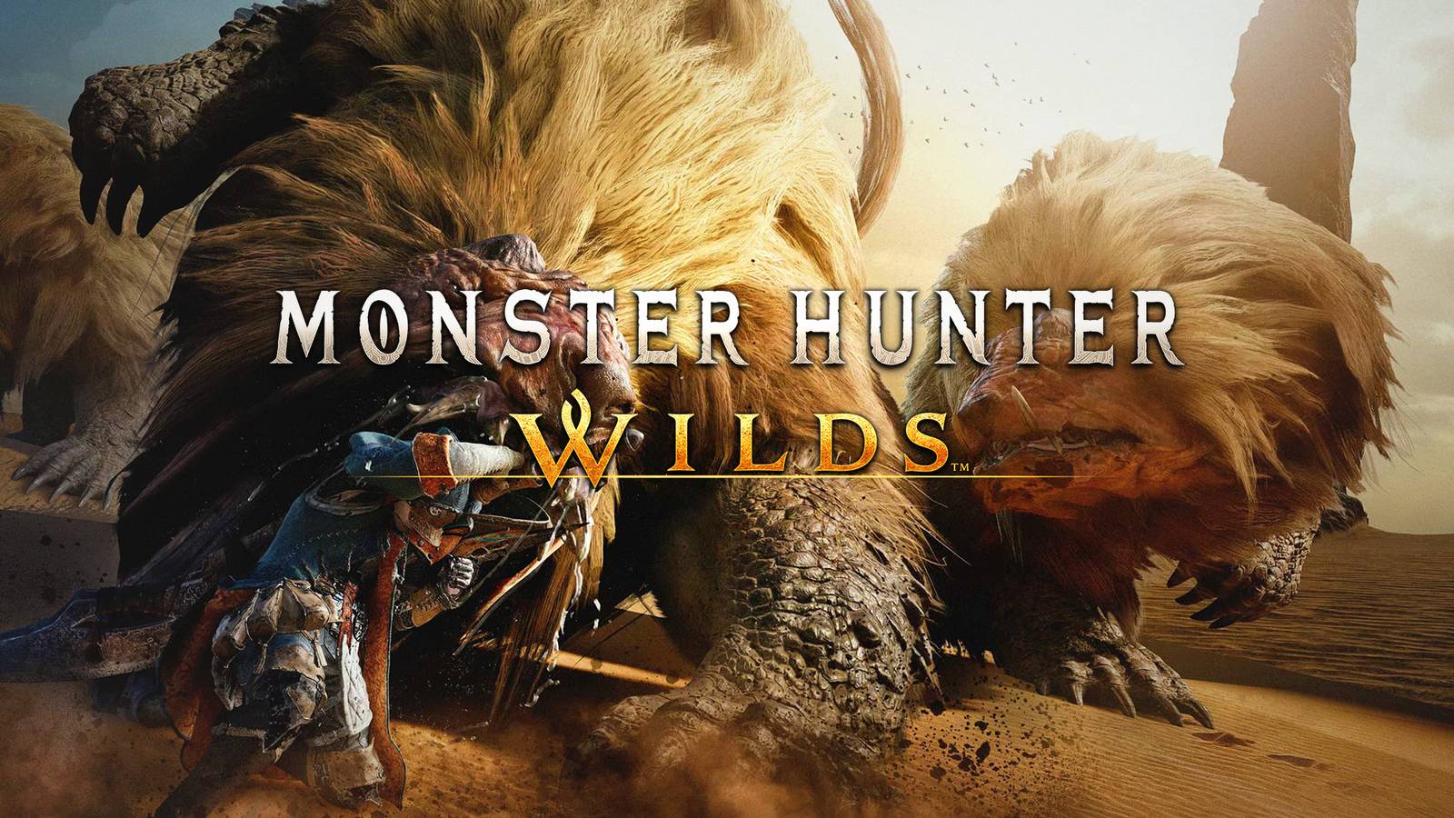 Monster Hunter Wilds desert fight with game logo 2x1 composite