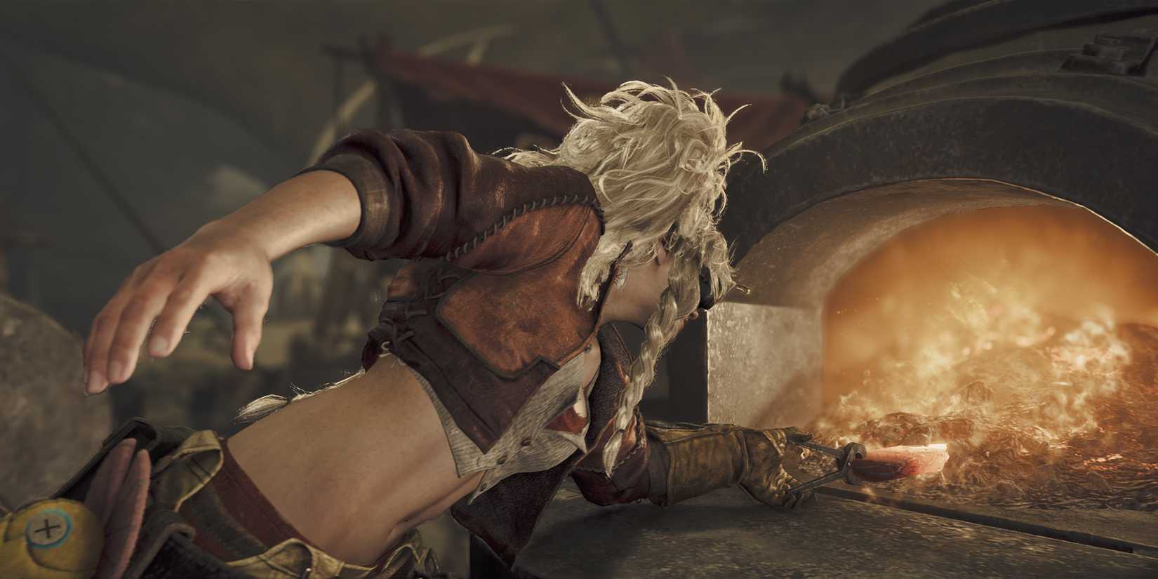 Monster Hunter Wilds Gemma putting a blade in the forge