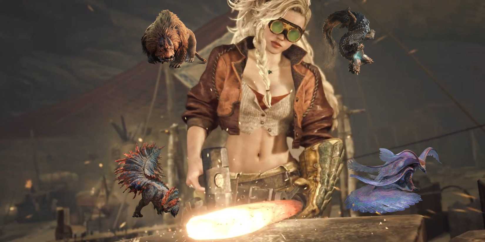 Gemma working at the smithy with a Quematrice, Doshaguma, Balahara, and Uth Duna from Monster Hunter Wilds