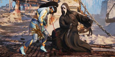 Ghostface fighting Kitana in Mortal Kombat 1