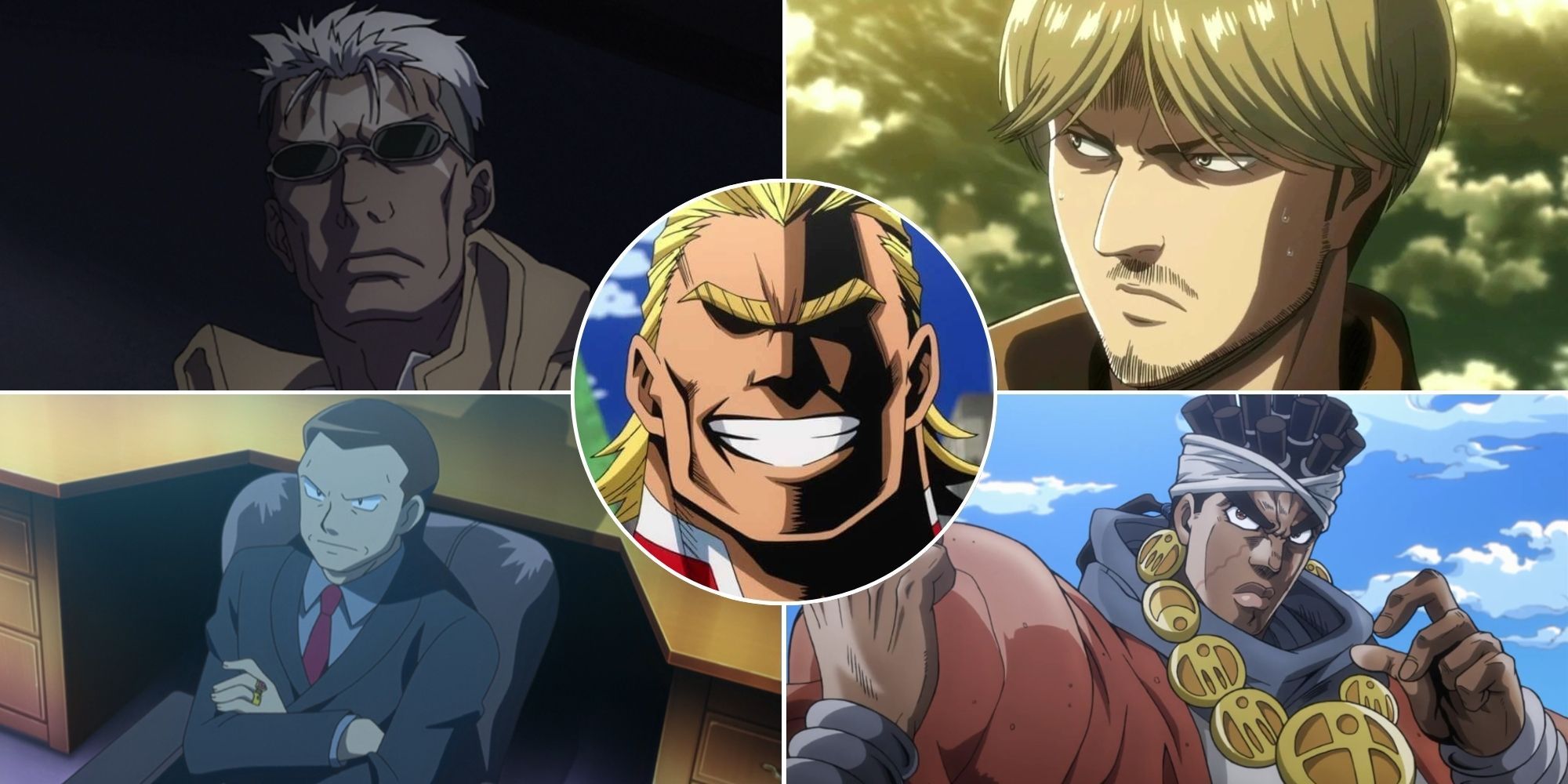 A collage of five characters who are voiced by Kenta Miyake: Scar, Mike Zacharias, Giovanni, Mohammad Avdol and All Might.