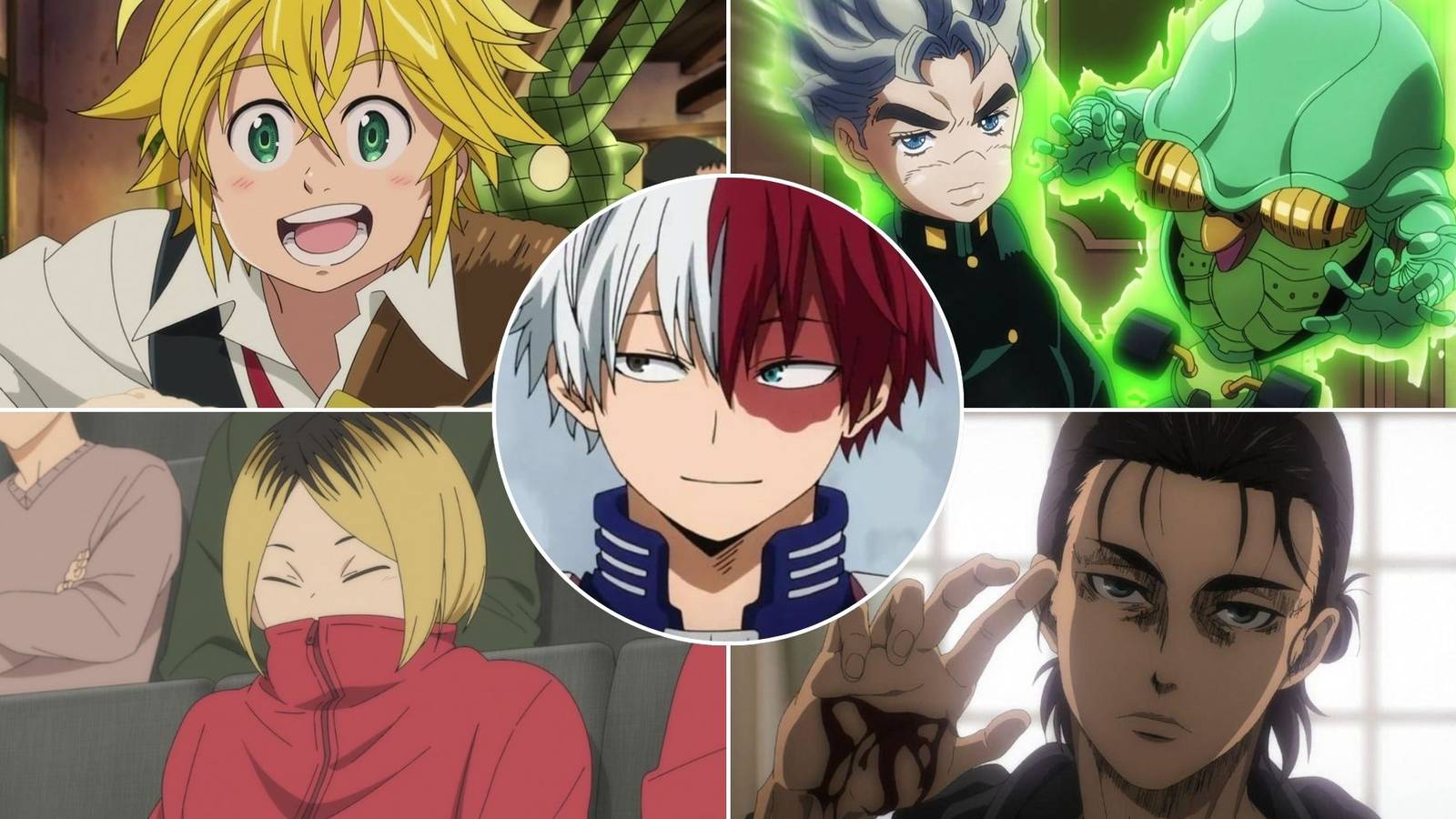 A collage of five anime characters who were voiced by Yuki Kaji: Meliodas, Koichi Hirose and Echoes, Kenma Kozume, Eren Yeager and Shoto Todoroki.