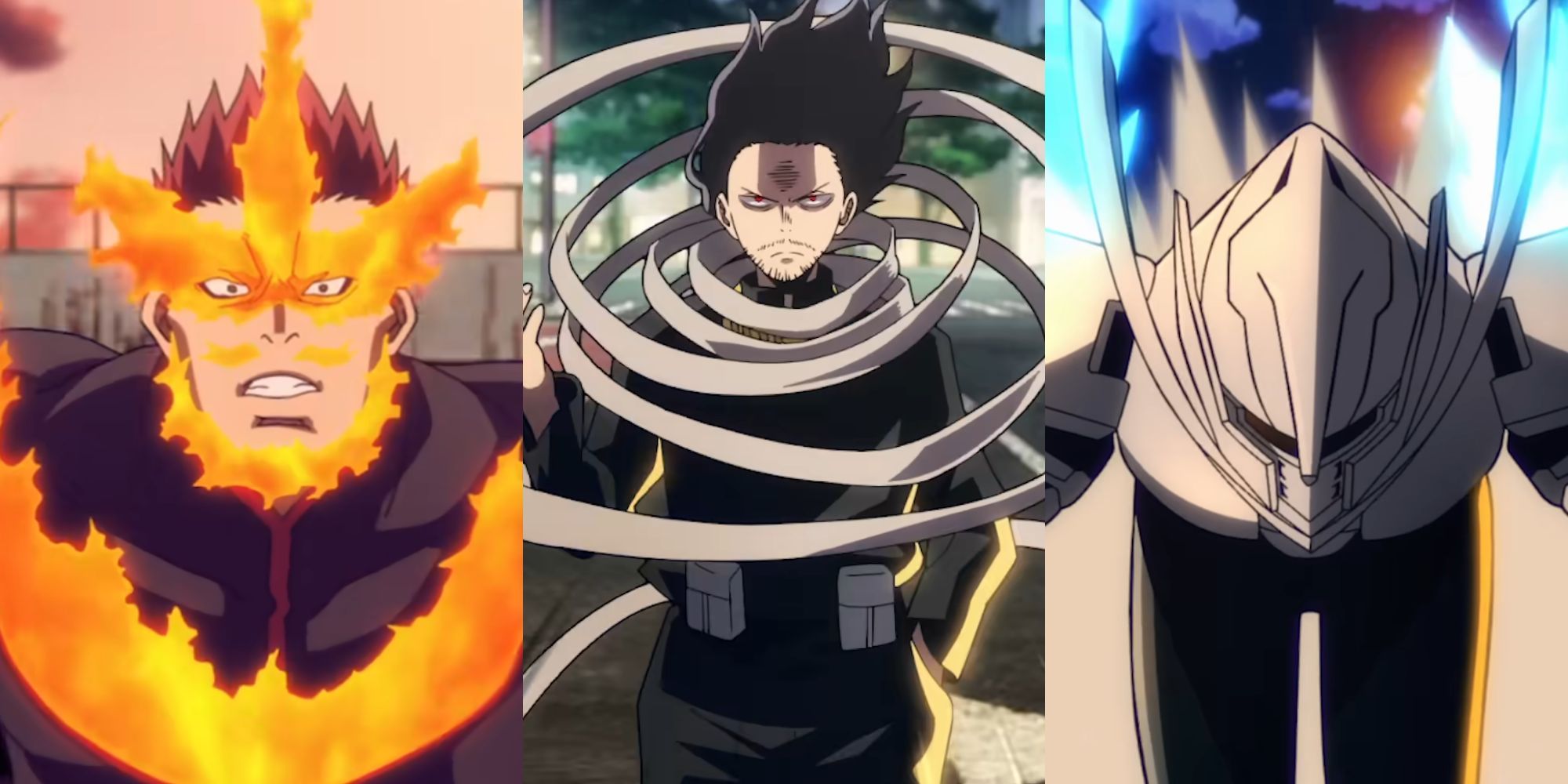 A collage of three My Hero Academia Pro Heroes who will get their chance to shine in the Vigilantes anime: Endeavor, Eraser Head and Ingenium.