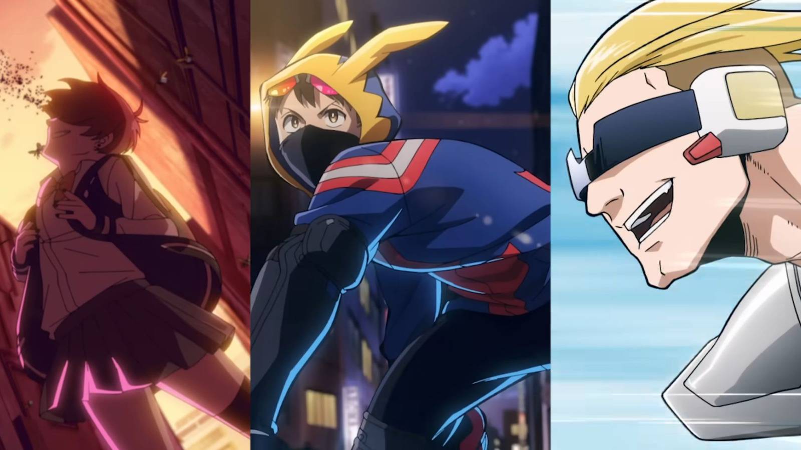 A collage of three powerful quirks from My Hero Academia: Vigilantes: Kuin's Queen Bee, Koichi's Slide and Glide and Captain Celebrity's Flight.