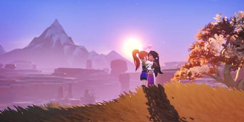 My Time at Sandrock characters kissing at sunset