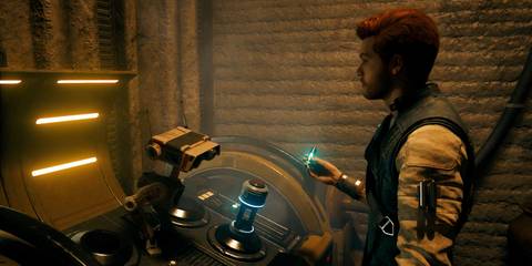 Cal Kestis and BD-1 unlocking a stim with the Mysterious Keycode in Star Wars Jedi: Survivor