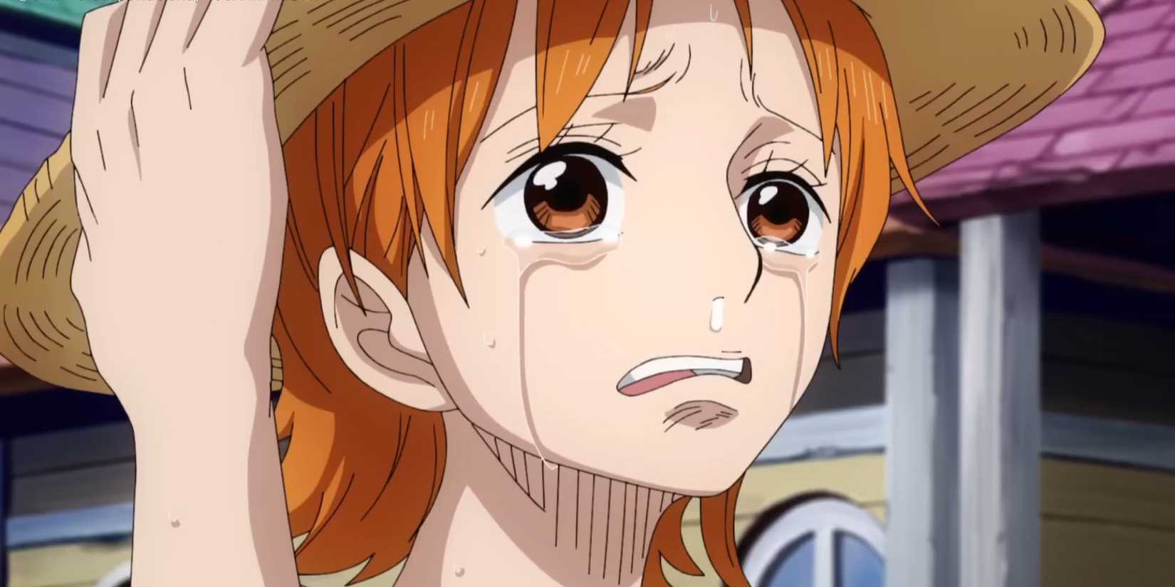 Nami crying with Luffy's straw hat.