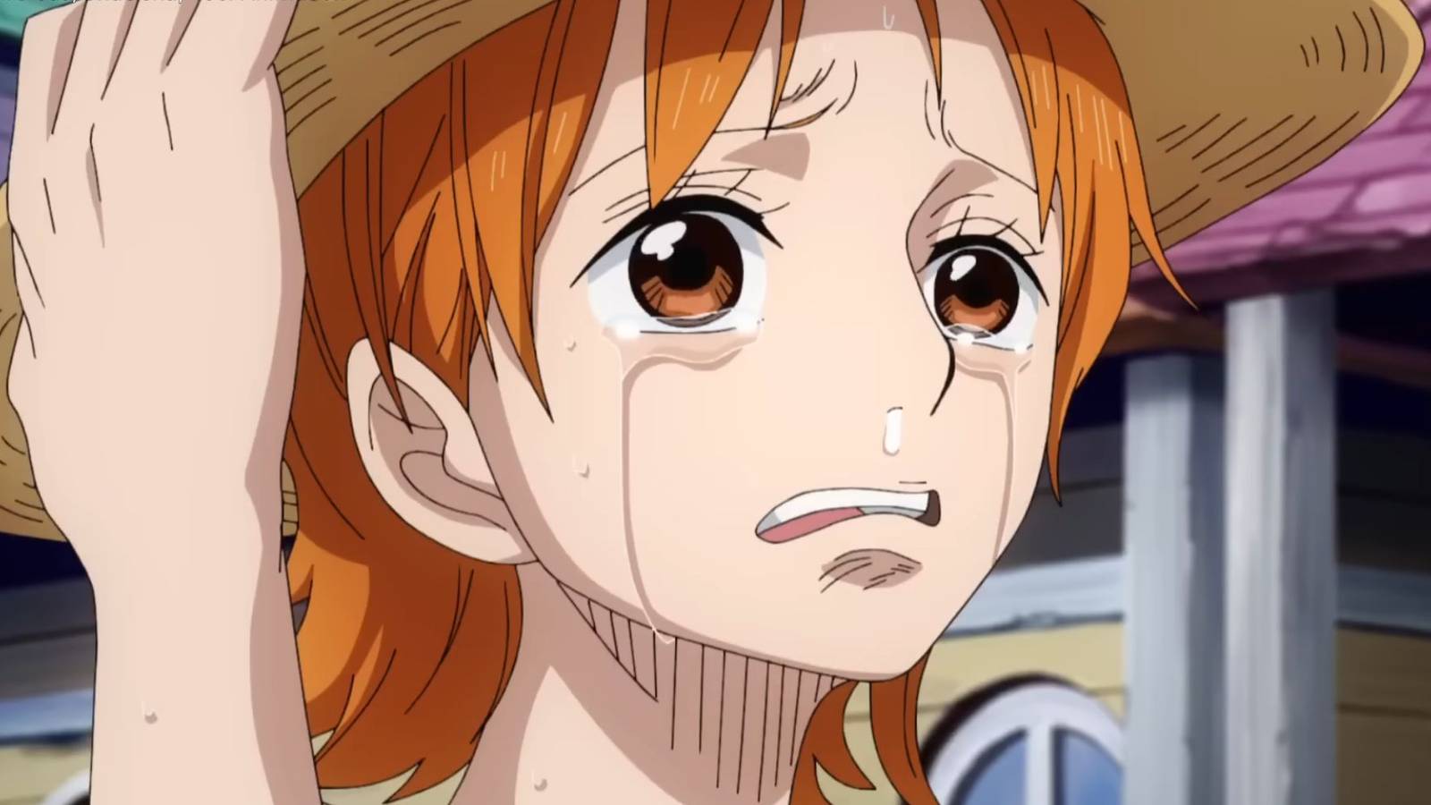 Nami crying with Luffy's straw hat.