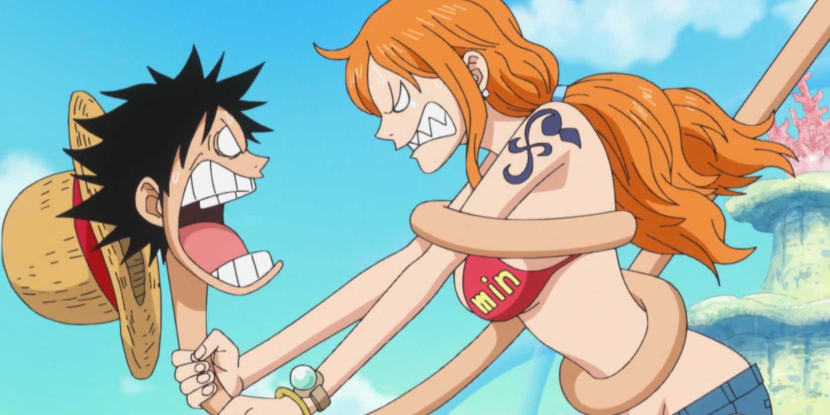 Nami fights Luffy because they can't decide where to go next.