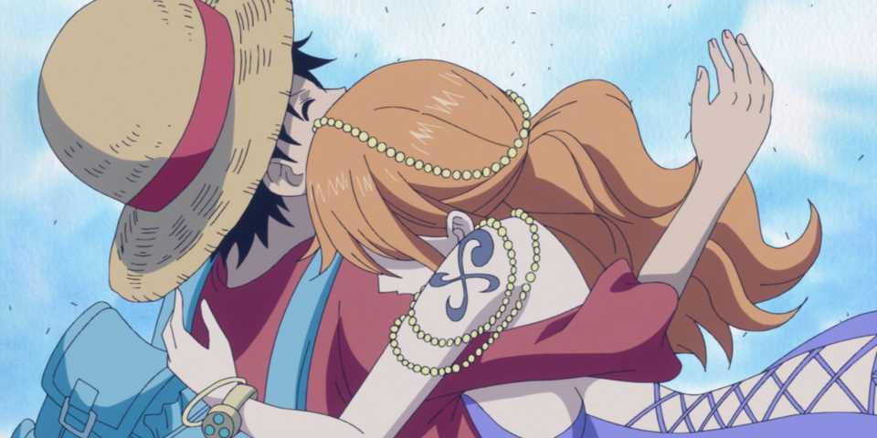 Nami hugging Luffy.