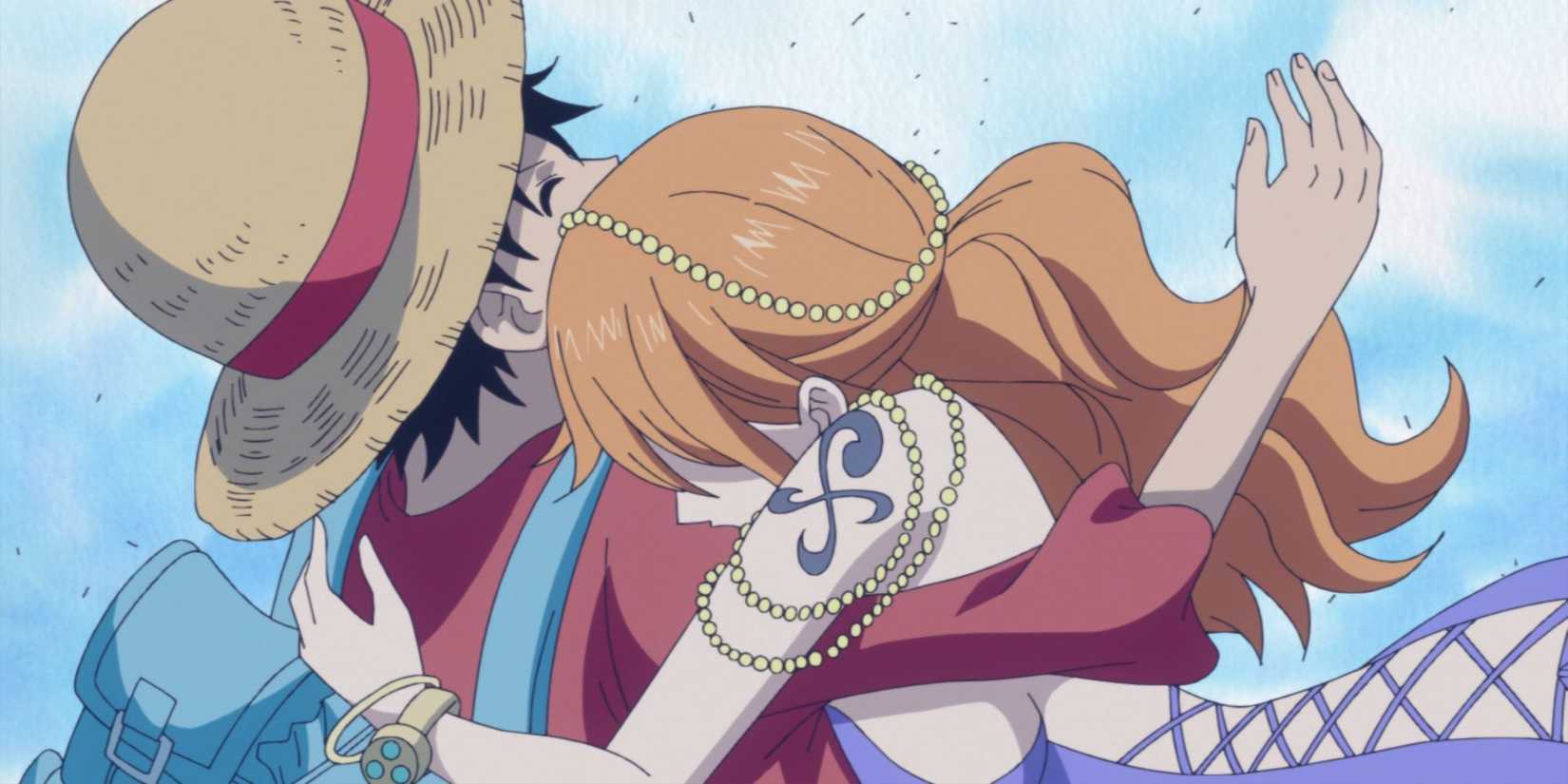 Nami hugging Luffy.