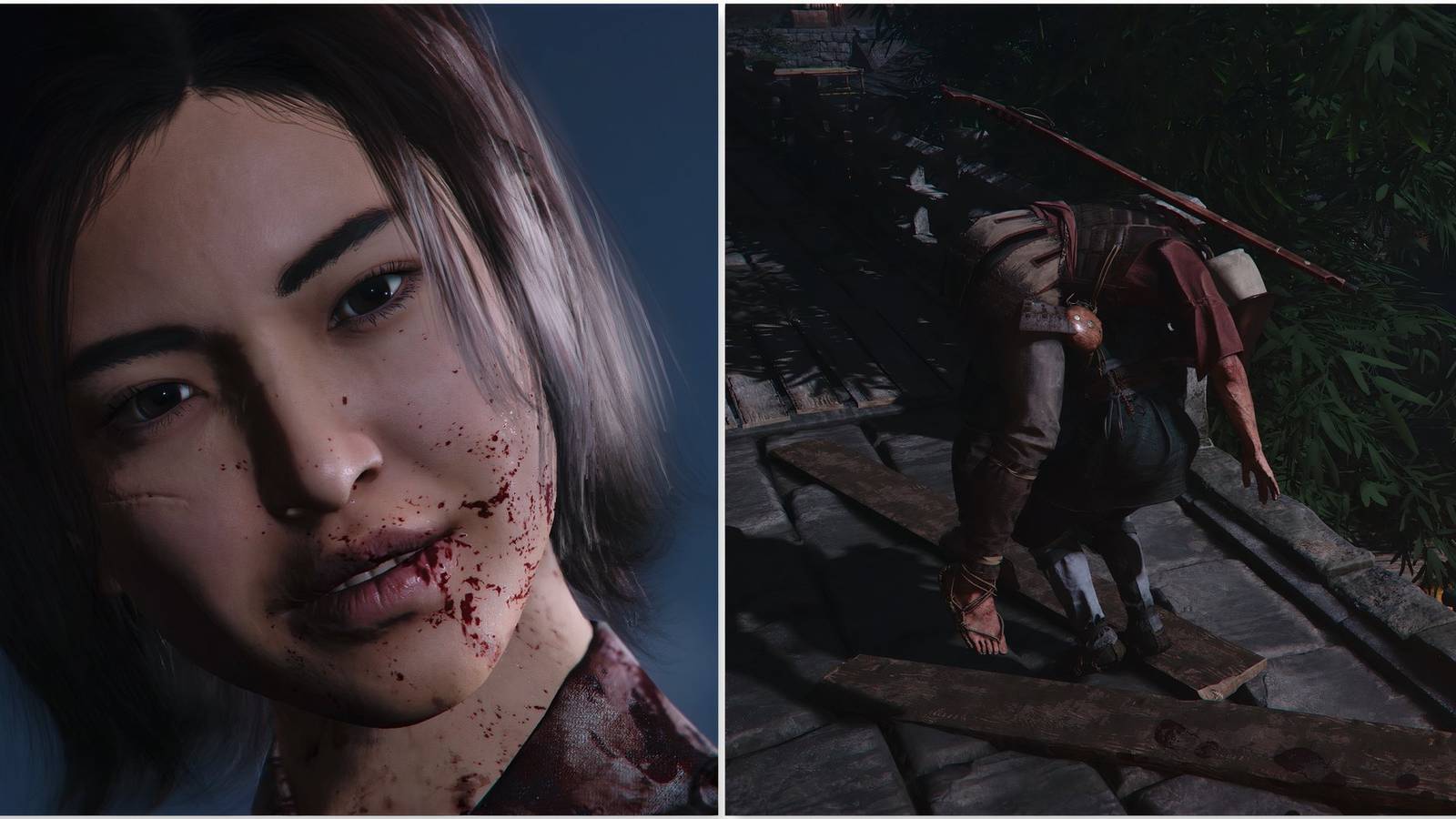 Naoe and carrying a body in Assassin's Creed Shadows