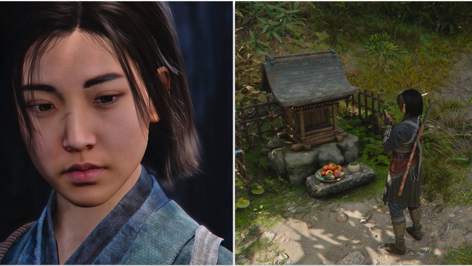 Naoe and praying at a shrine in Assassin's Creed Shadows