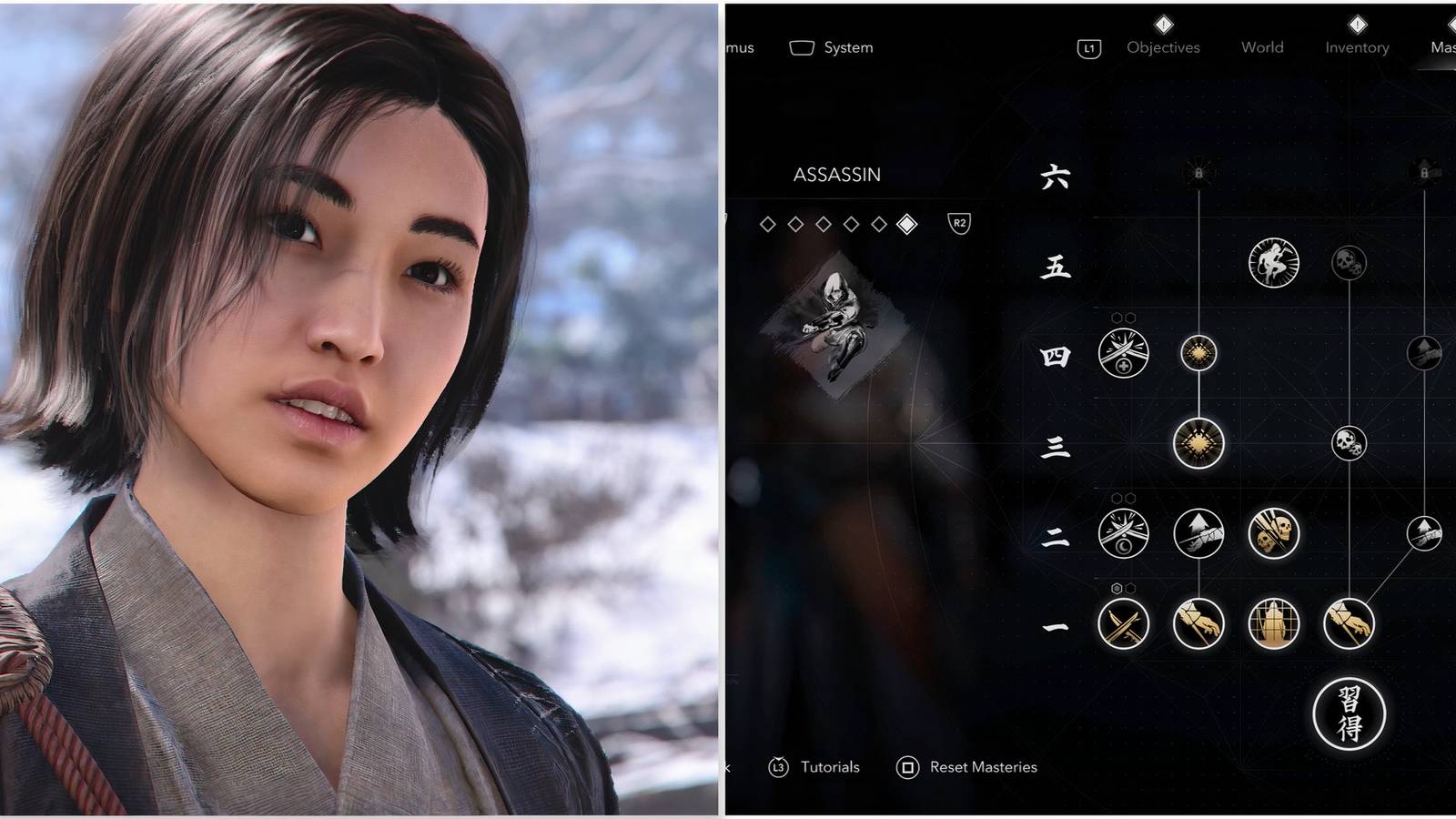 Naoe and the assassin skill tree in Assassin's Creed Shadows