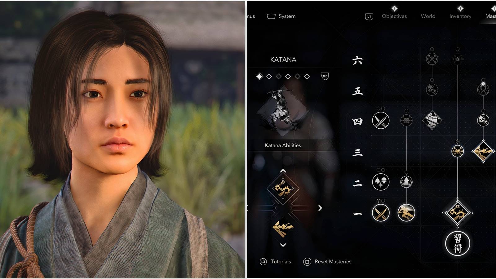 Naoe and the katana skill tree in Assassin's Creed Shadows