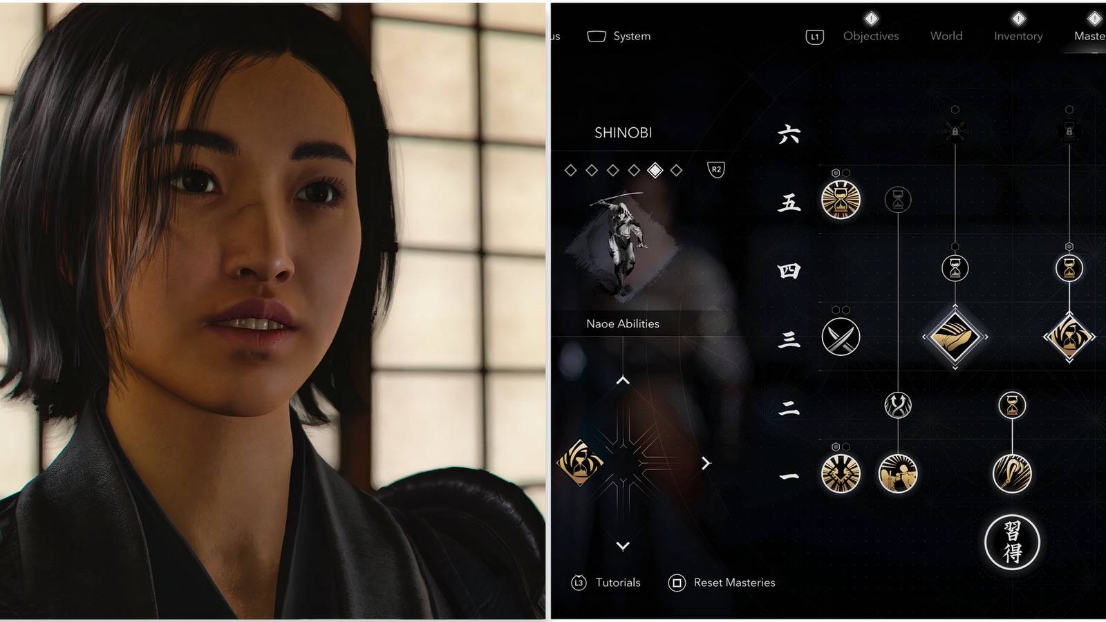 Naoe and the shinobi skill tree in Assassin's Creed Shadows