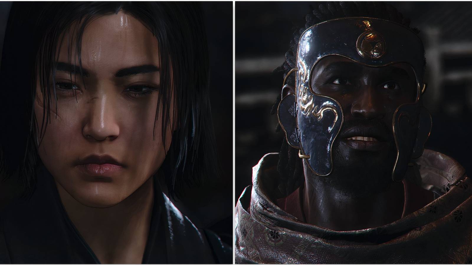Naoe and Yasuke in the rain in Assassin's Creed Shadows