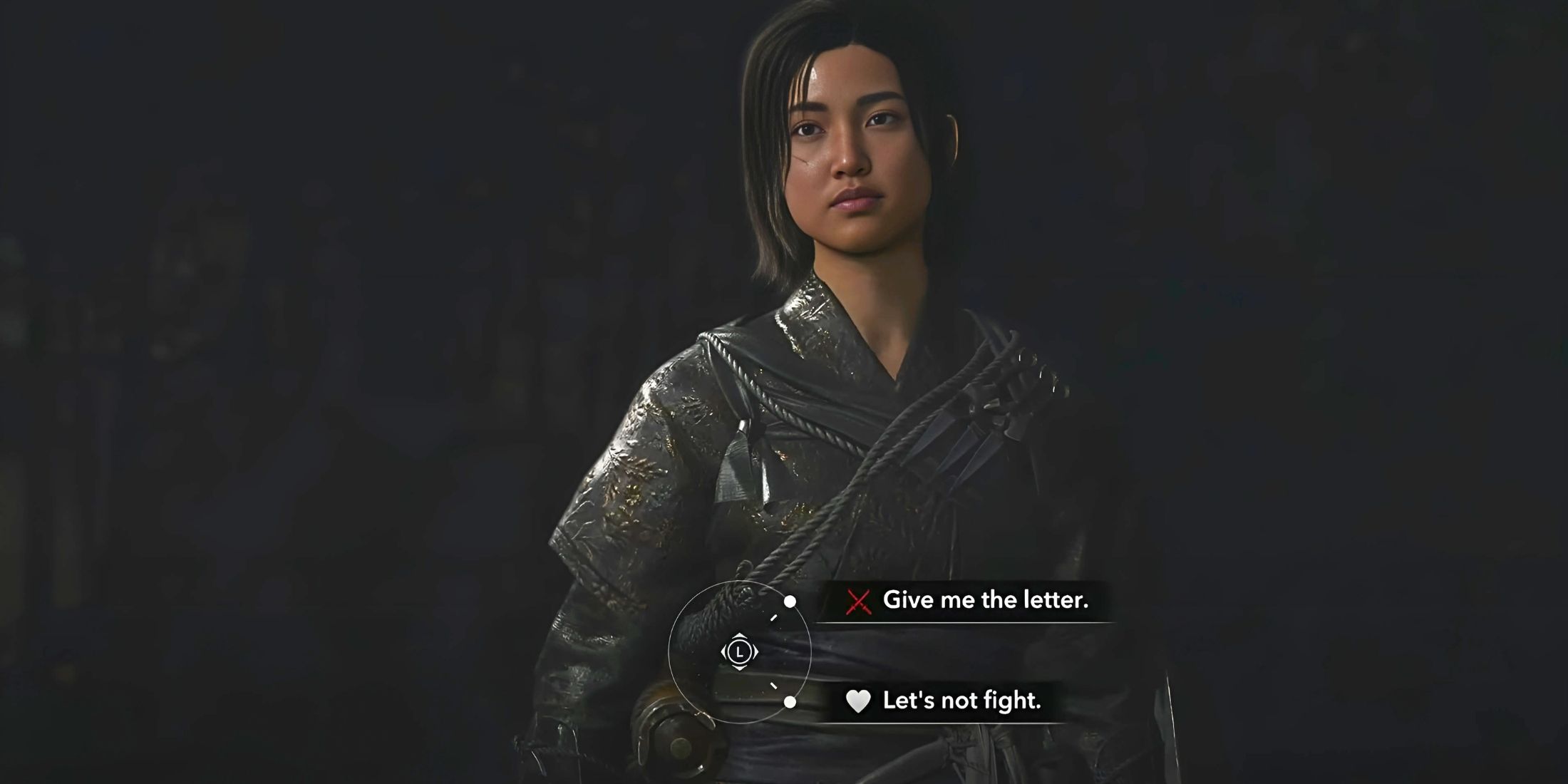 Naoe choosing dialog options with Gennojo AC Shadows