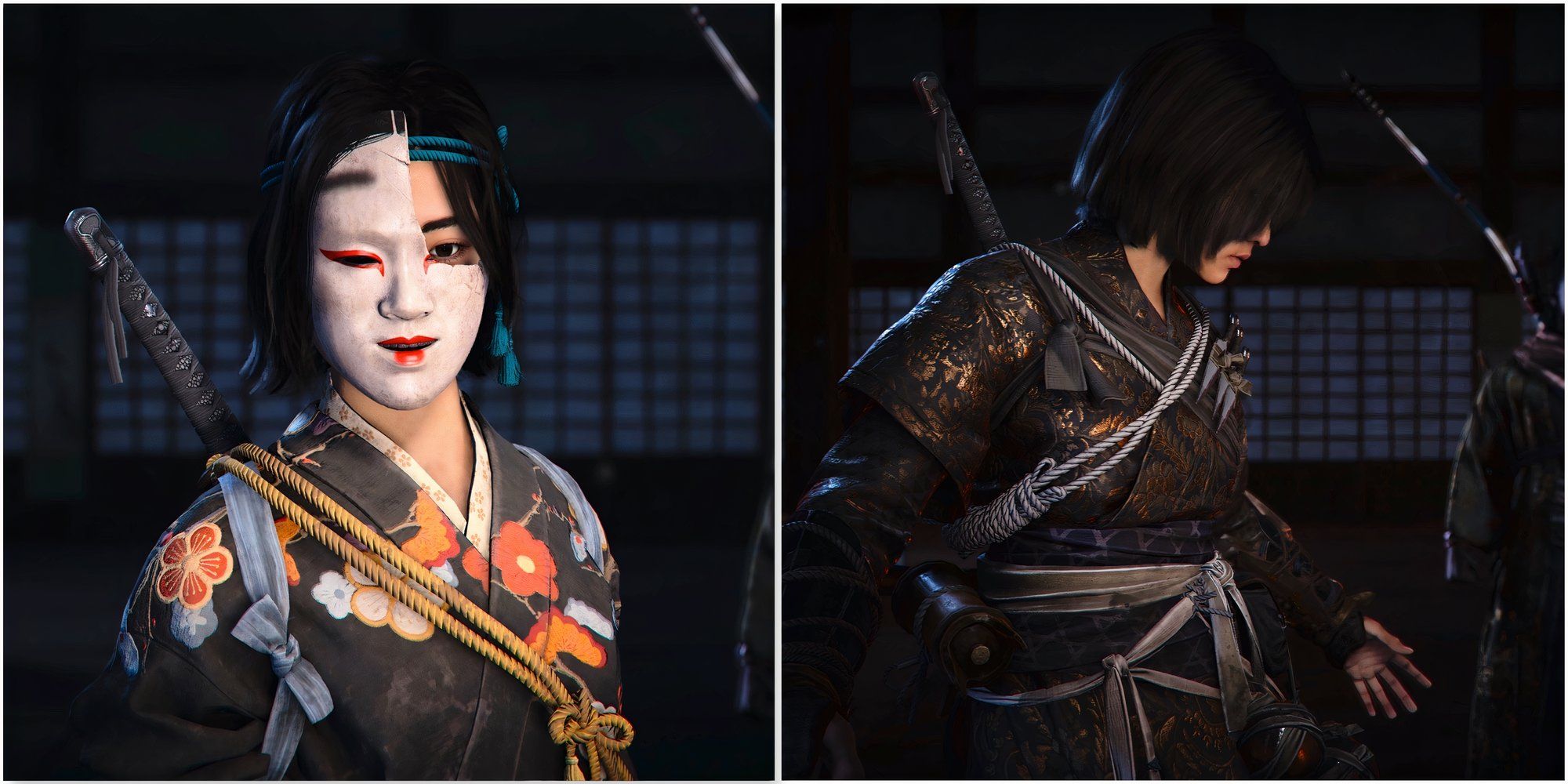 Naoe wearing the Noh Masterstroke Mask and Tools Master Gear in Assassin's Creed Shadows