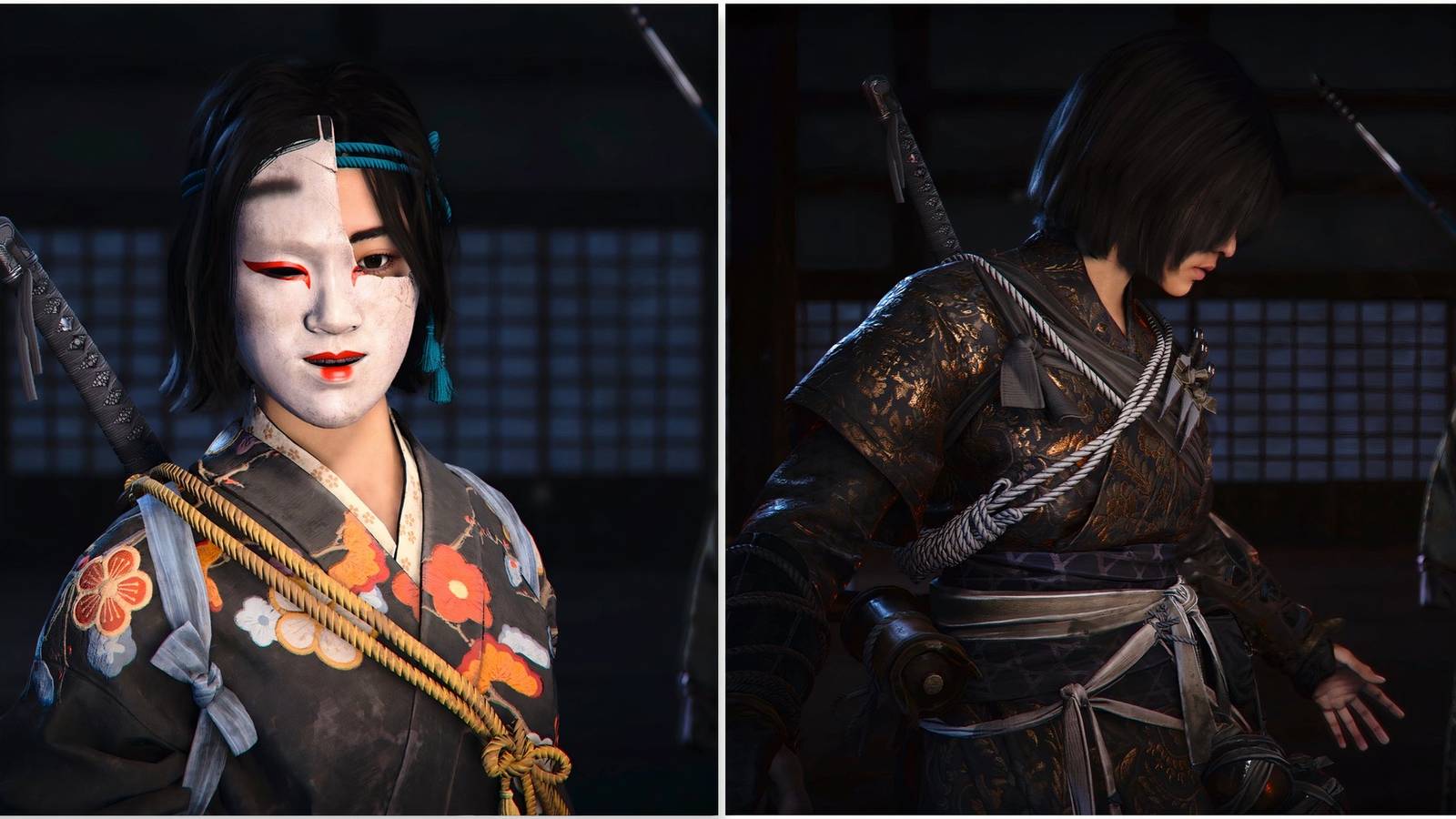 Naoe wearing the Noh Masterstroke Mask and Tools Master Gear in Assassin's Creed Shadows