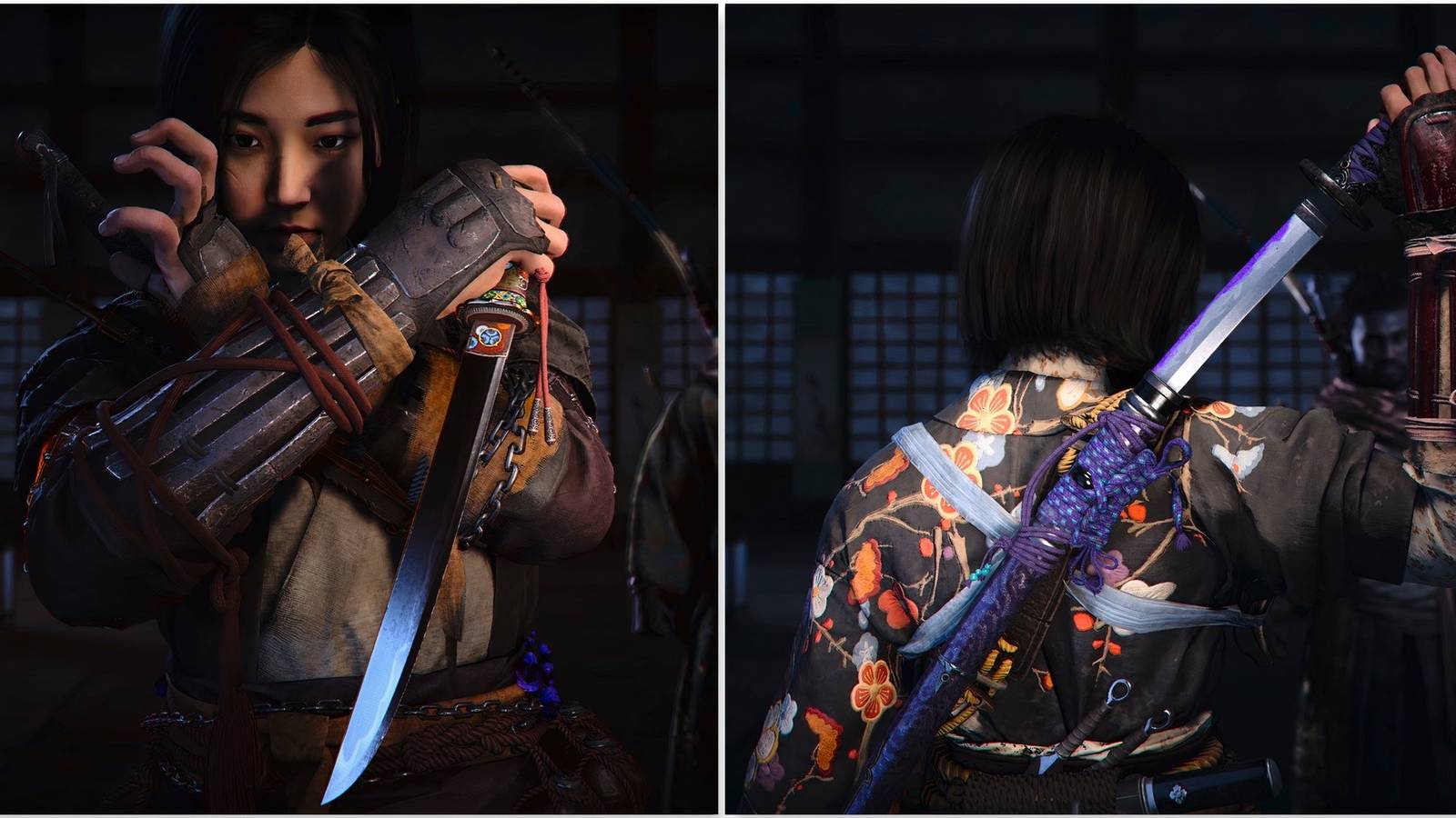 Naoe wielding the Artist’s Tear and Violet Night weapons in Assassin's Creed Shadows