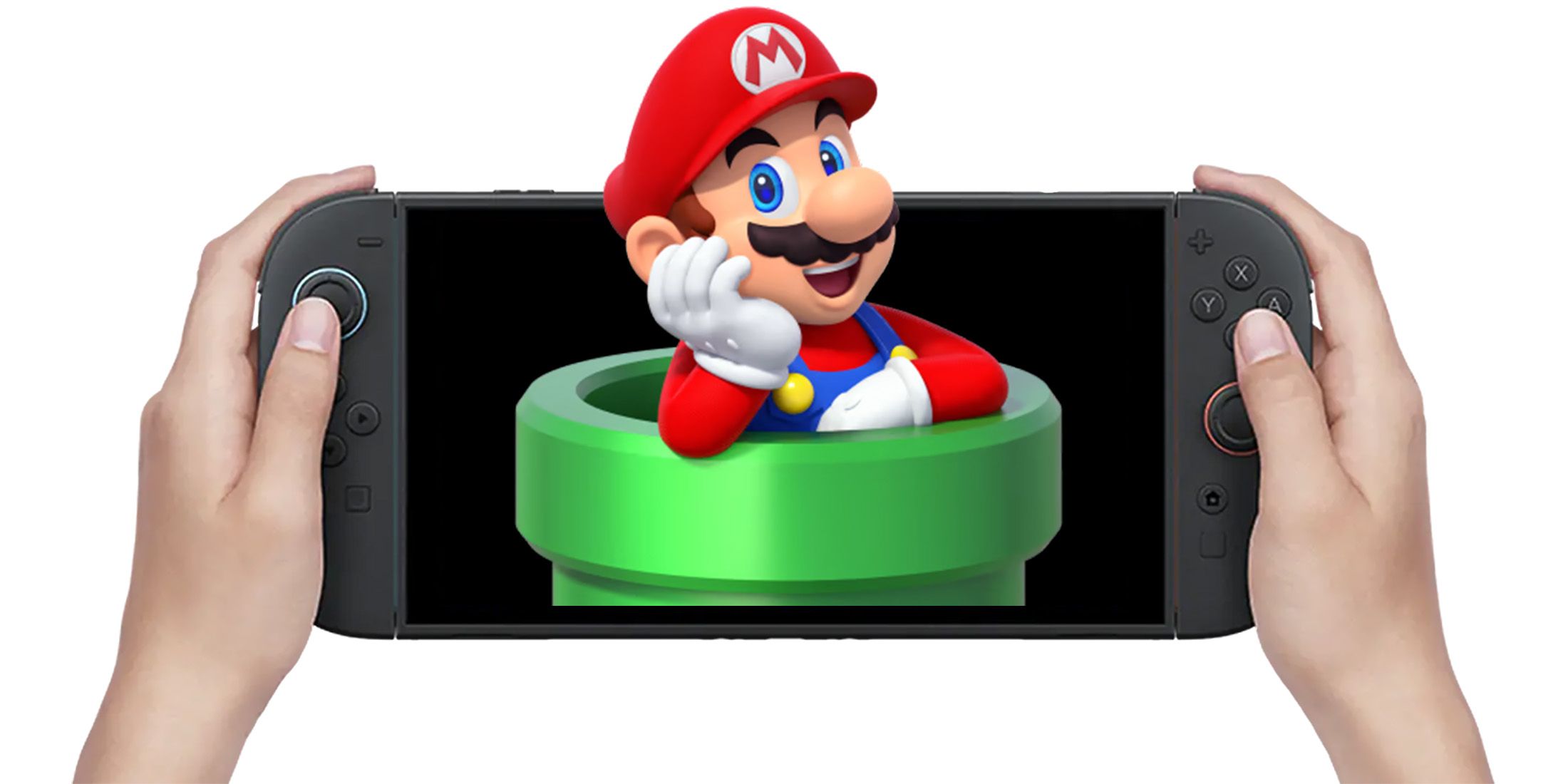 Nintendo Switch 2 displaying Mario emerging from pipe 2x1 composite white background