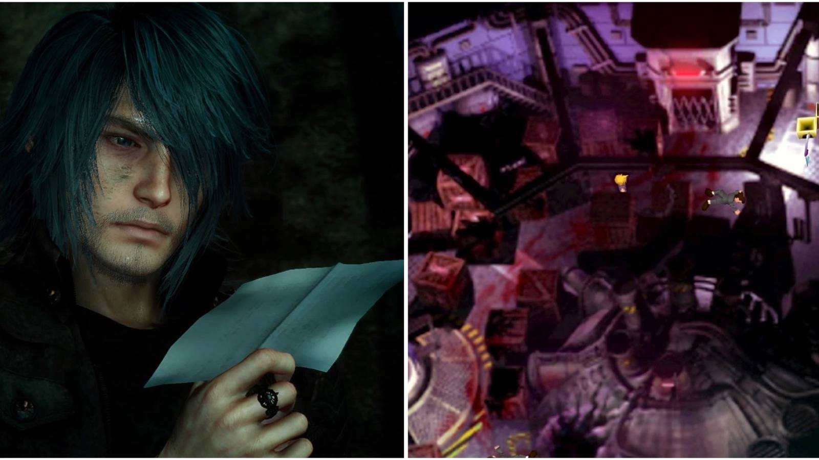 Noctis looking at a photo in Final Fantasy 15 and Exploring the Shinra Building Lab in Final Fantasy 7