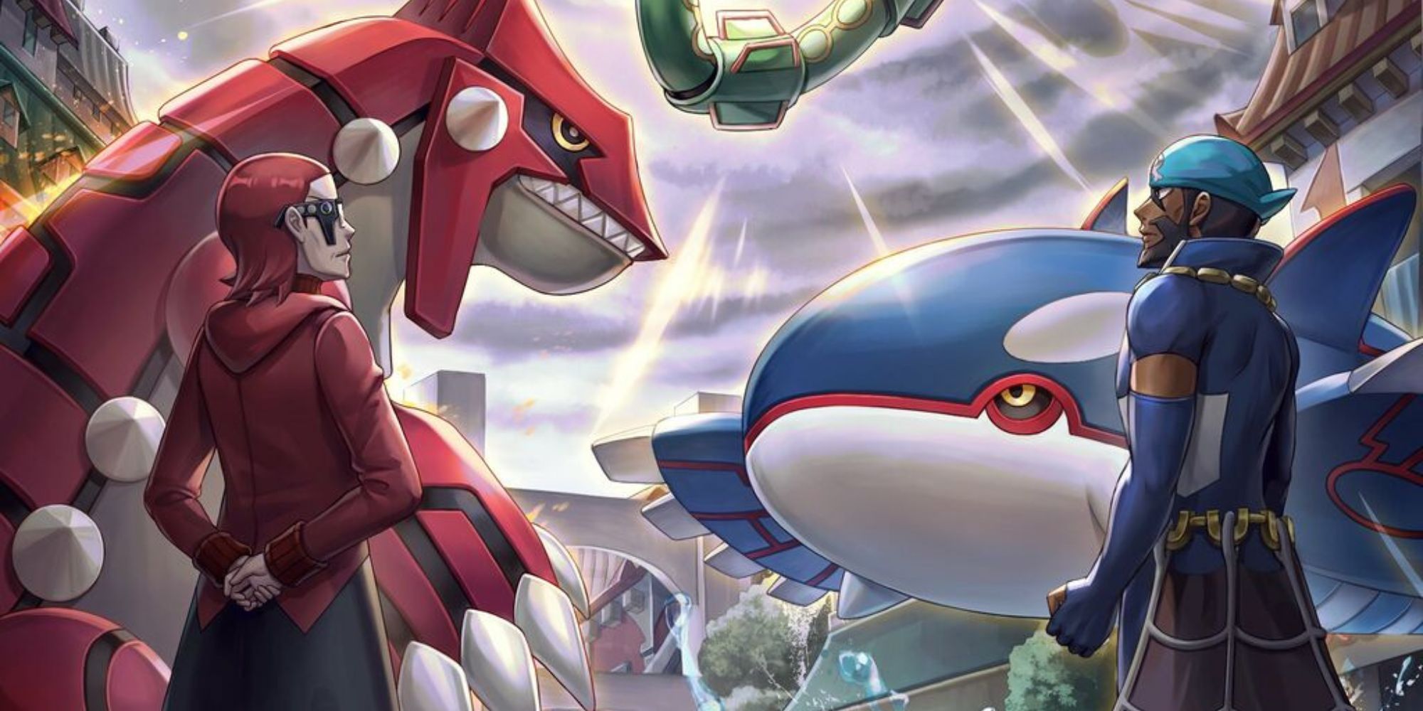 Official artwork of Maxie and Groudon vs. Archie and Kyogre.