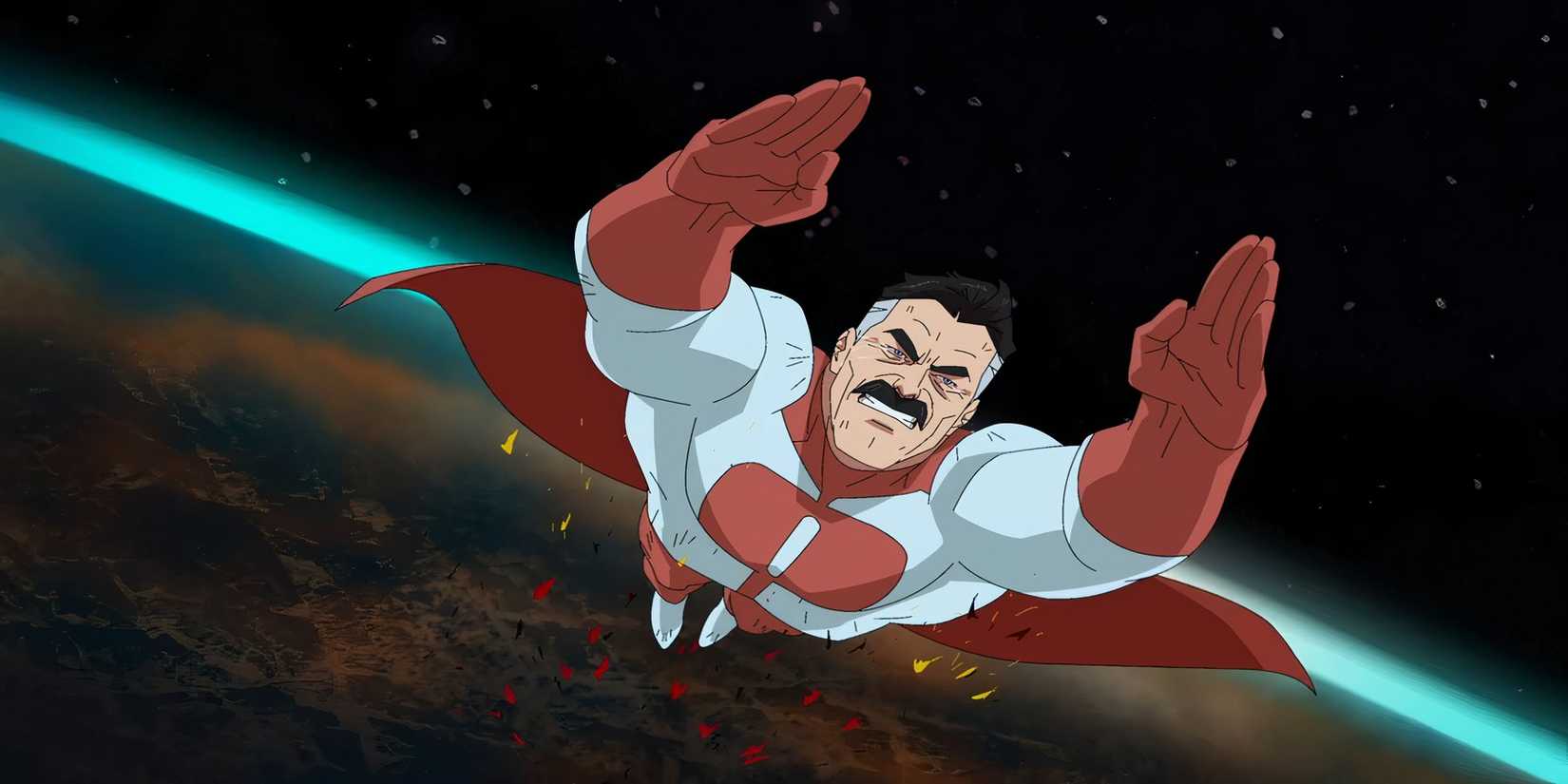 Omni-Man leaving Earth after nearly killing his son Mark in Invincible