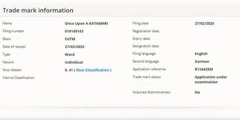Once Upon a Katamari trademark filing