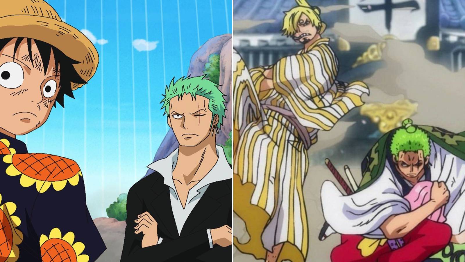 A collage of two of Roronoa Zoro's biggest relationships: with Monkey D. Luffy and with Sanji.