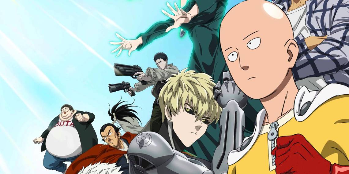 Imagem promocional da terceira temporada de One Punch Man com Saitama e outros personagens