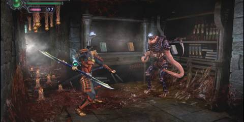 Onimusha Warlords player fighting an enemy in a room