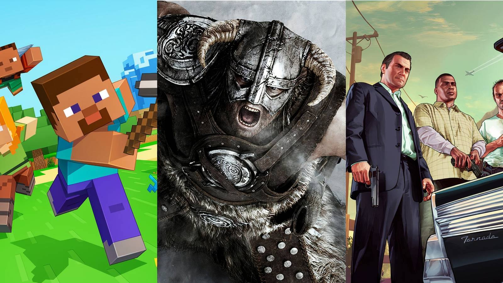 Feature image depicting Minecraft, Skyrim, and GTA 5