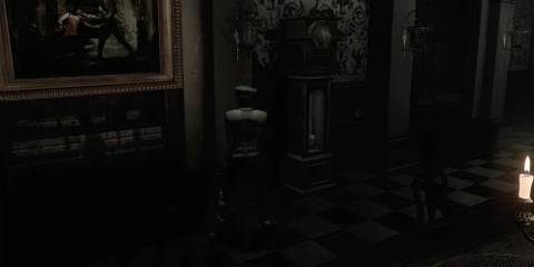 jill in front of a painting next to a grandfather clock