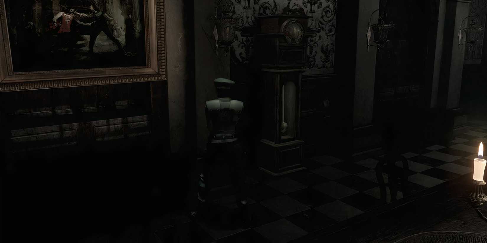 jill in front of a painting next to a grandfather clock